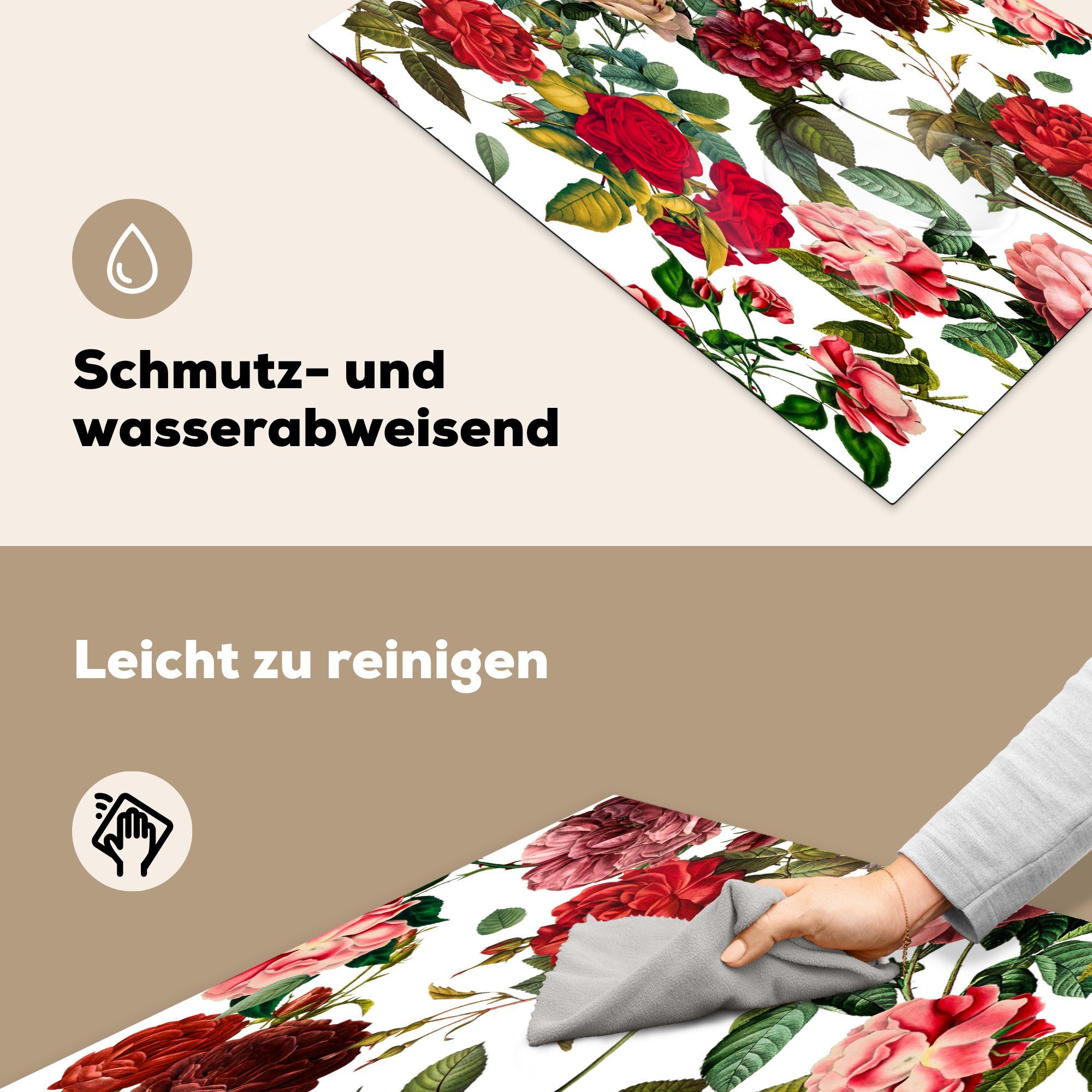 81x52 - Schutz Weiß, cm, Vinyl, Rose Herdblende-/Abdeckplatte küche, tlg), Ceranfeldabdeckung für MuchoWow - Induktionskochfeld die (1 Blumen