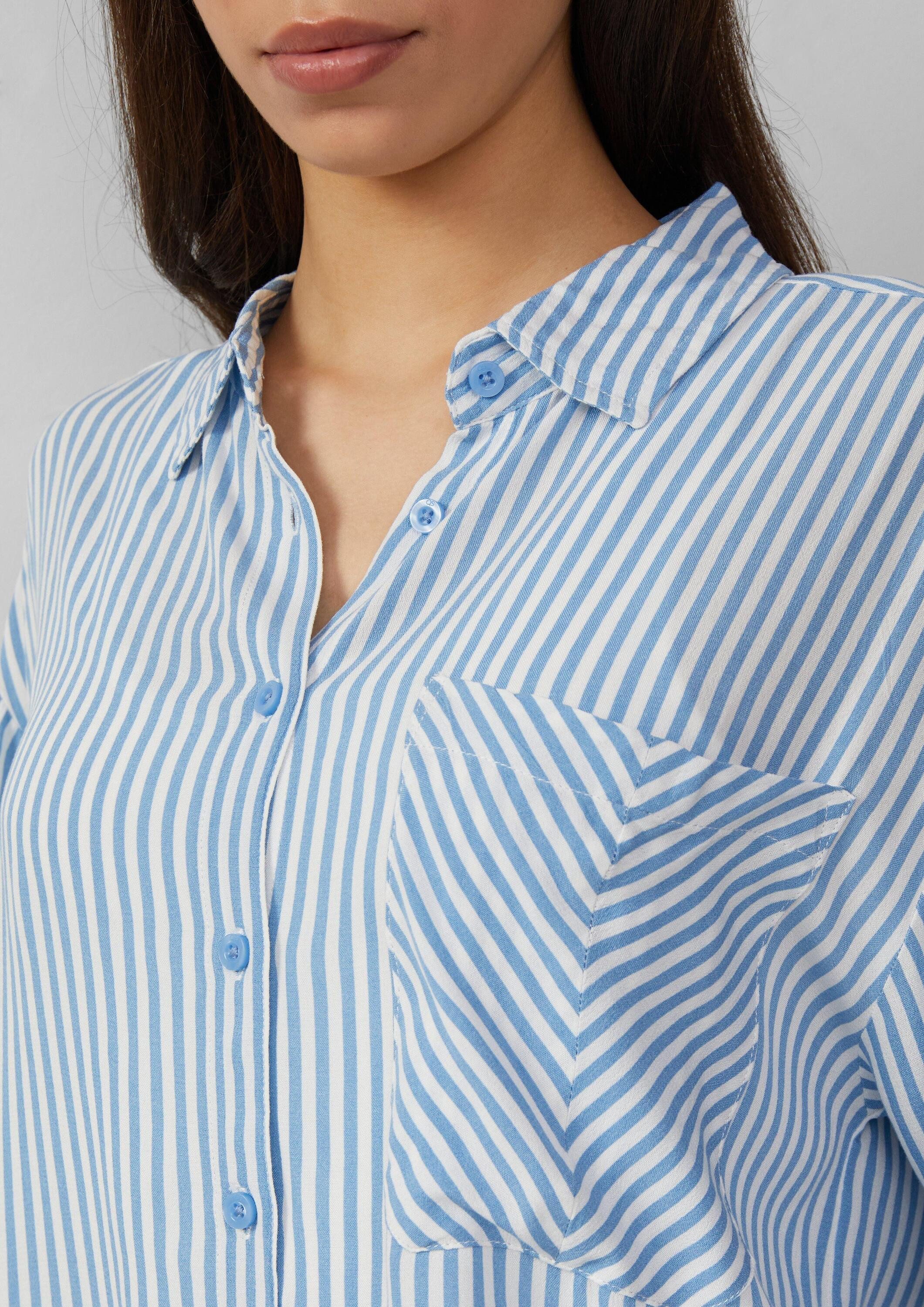 QS Langarmbluse Bluse Verkürzte Streifenbluse mit aufgesetzter Tasche