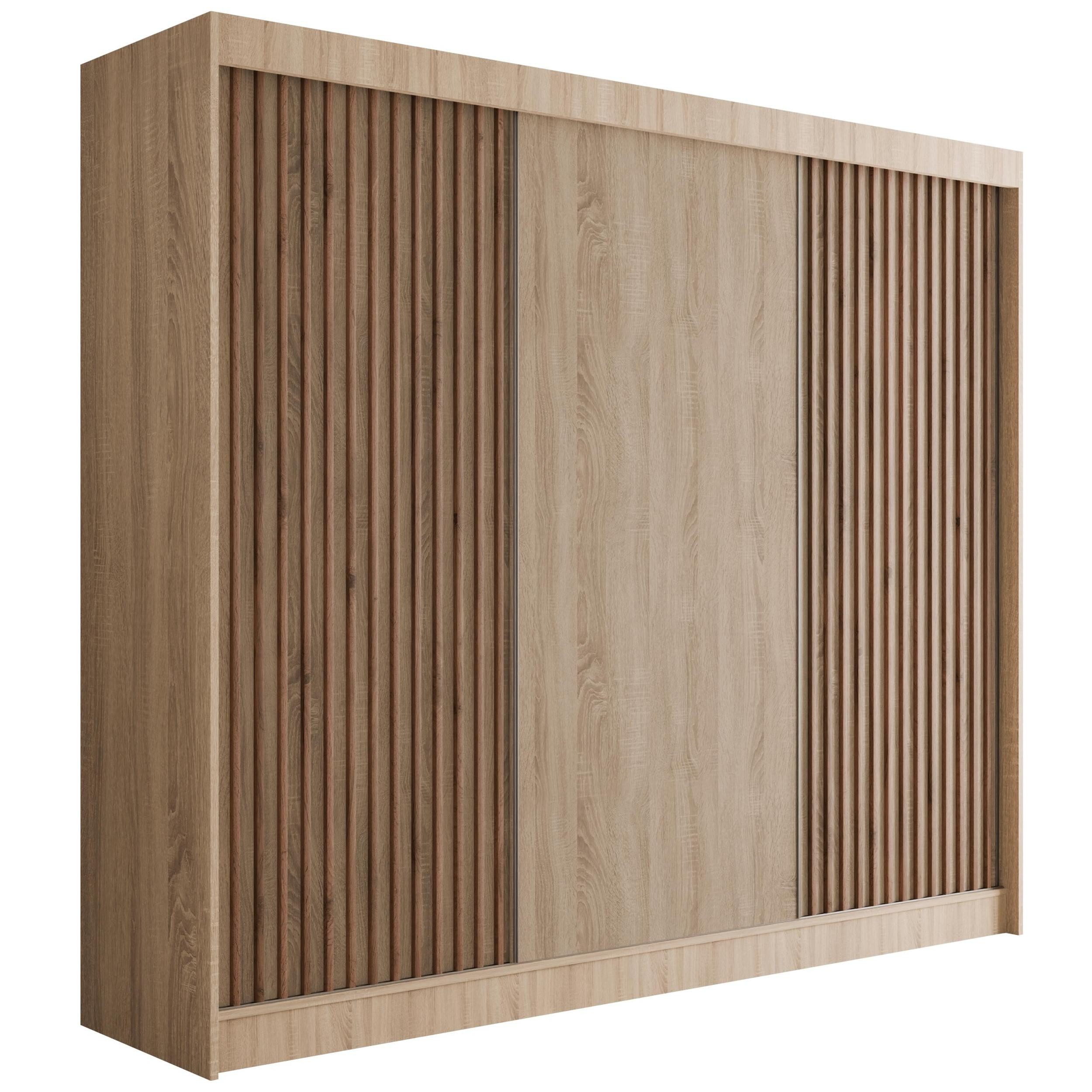 ALTDECOR Schiebetürenschrank VILANv2 (Kleiderschrank Garderobenschrank mit viel Stauraum Moderner Schrank) Vielseitiger Schwebetürenschrank Lamellen LED Beleuchtung