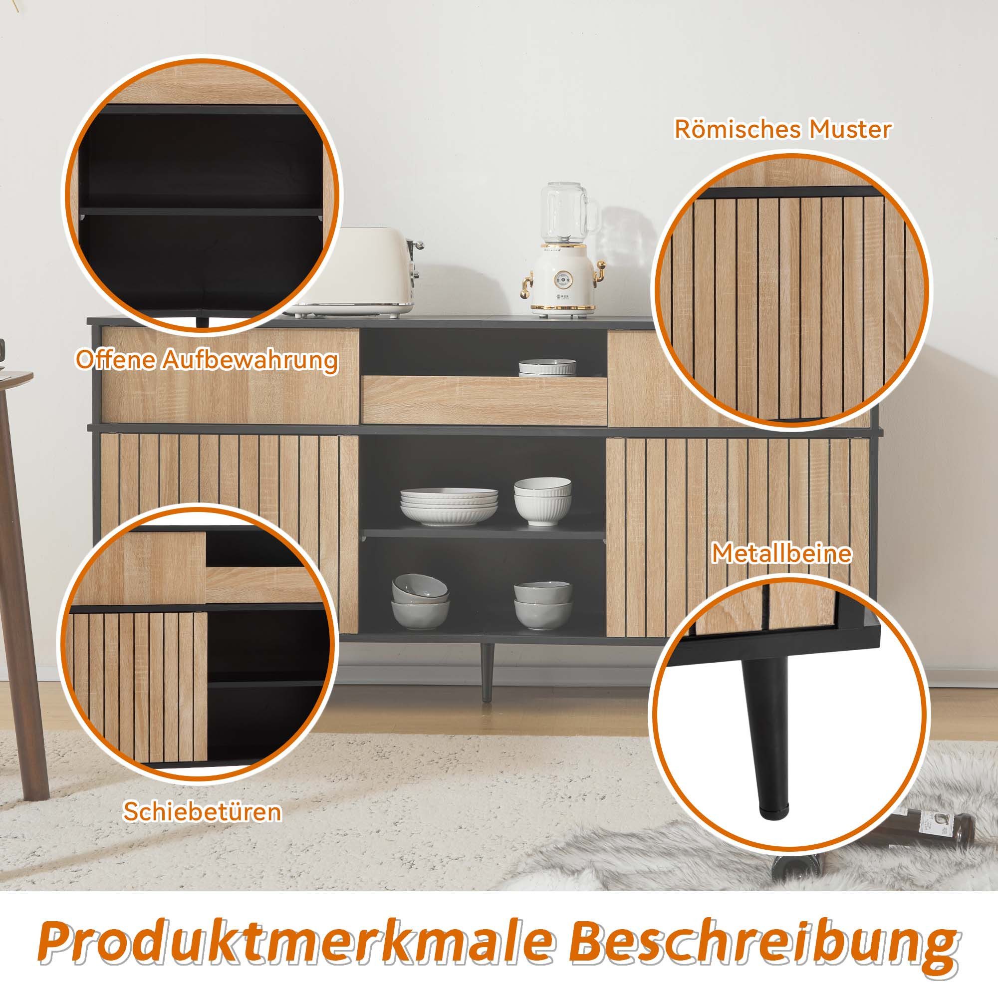 Flieks Kommode mit 4 Schiebetüren und 1 Schublade (1 St., 160Bx40Tx80H cm), Sideboard mit verstellbar Ablagen Küchenschrank Mehrzweckschrank Holz – Bild 5 von 5