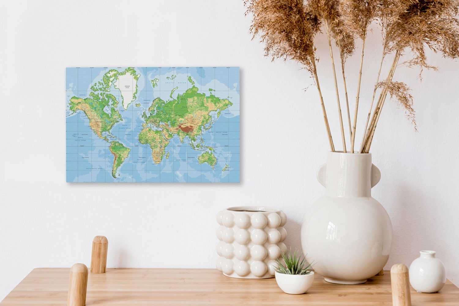 Leinwandbild Weltkarte Atlas OneMillionCanvasses® - 30x20 (1 - Aufhängefertig, Wanddeko, Wandbild Leinwandbilder, Topographie, cm St),
