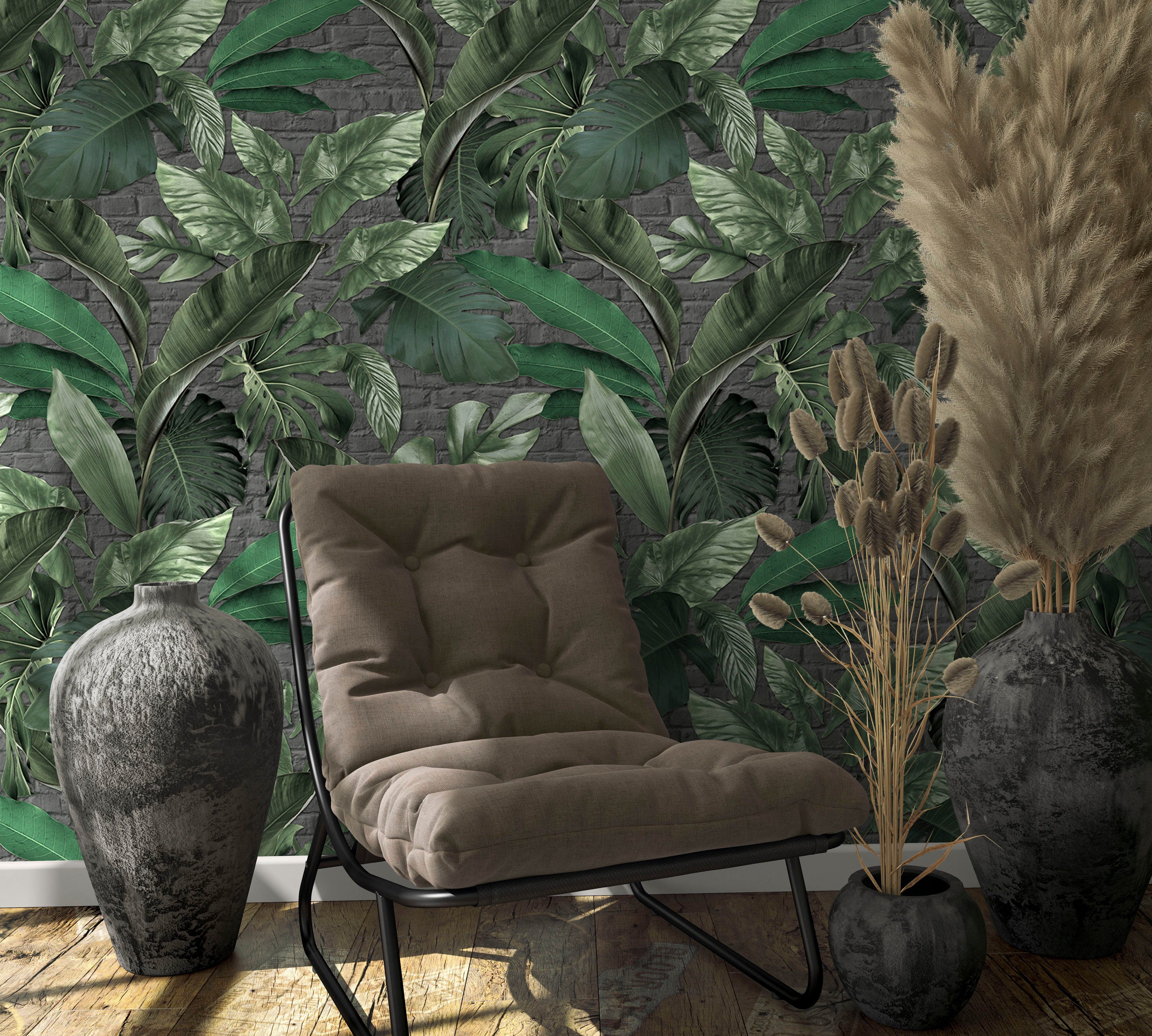 Marburg Fototapete Leaves, texturiert, moderne Vliestapete für Wohnzimmer Schlafzimmer Küche schwarz