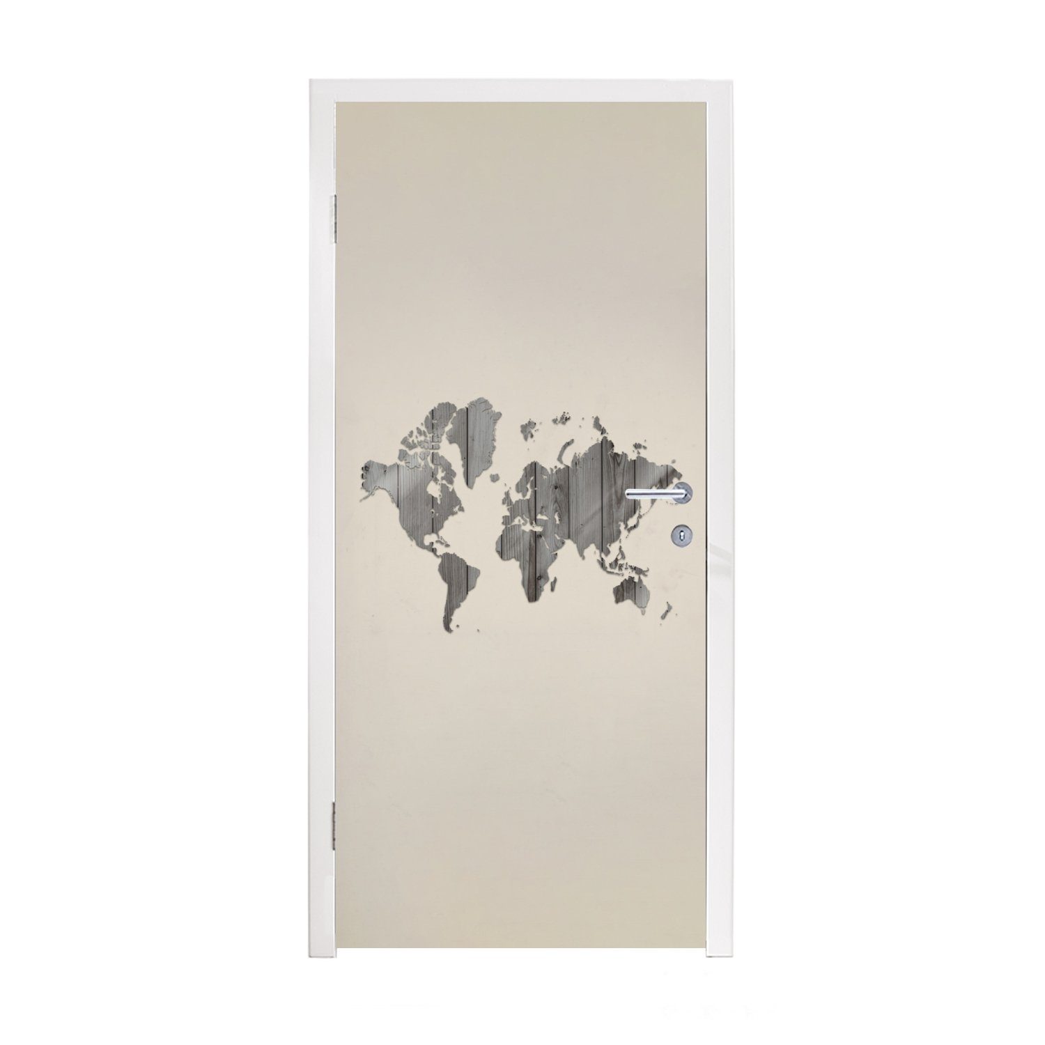 MuchoWow Türtapete Weltkarte - Holz - Regal, Matt, bedruckt, (1 St), Fototapete für Tür, Türaufkleber, 75x205 cm