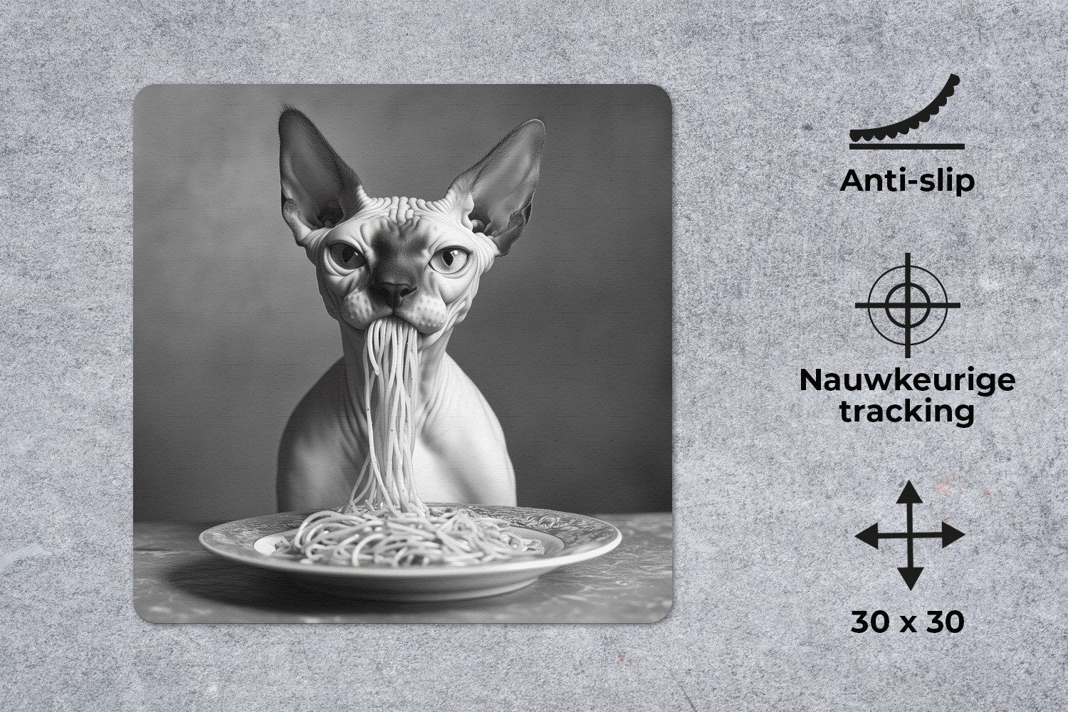 MuchoWow Mauspad Sphynx - Katze - Tiere - Humor - Spaghetti - Schwarz und Weiß (1-St), Mauspad, Büro Zubehör, Dekoration, Desk Mat, 30x30 cm