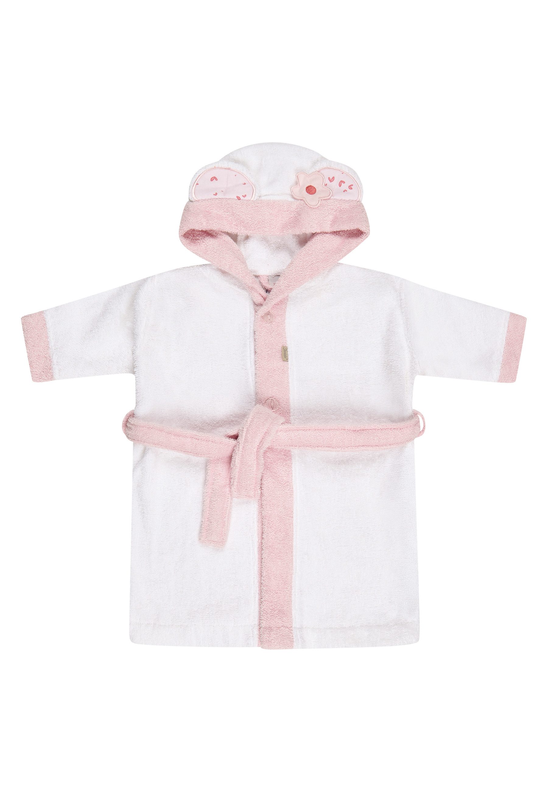 Sterntaler® Babybademantel Bademantel BÄR Betty, lange Arme, Oberstoff: 100 % Baumwolle, aus saugfähiger Baumwolle, kuschelweiche Frotteequalität, mit Kapuze und Gürtel, 3D Elemente an der Kapuze, edle Holzknöpfe, Knöpfe, Bademantel aus weichem Frottee, 3D Ohren an der Kapuze, Knöpfe, Gürtel