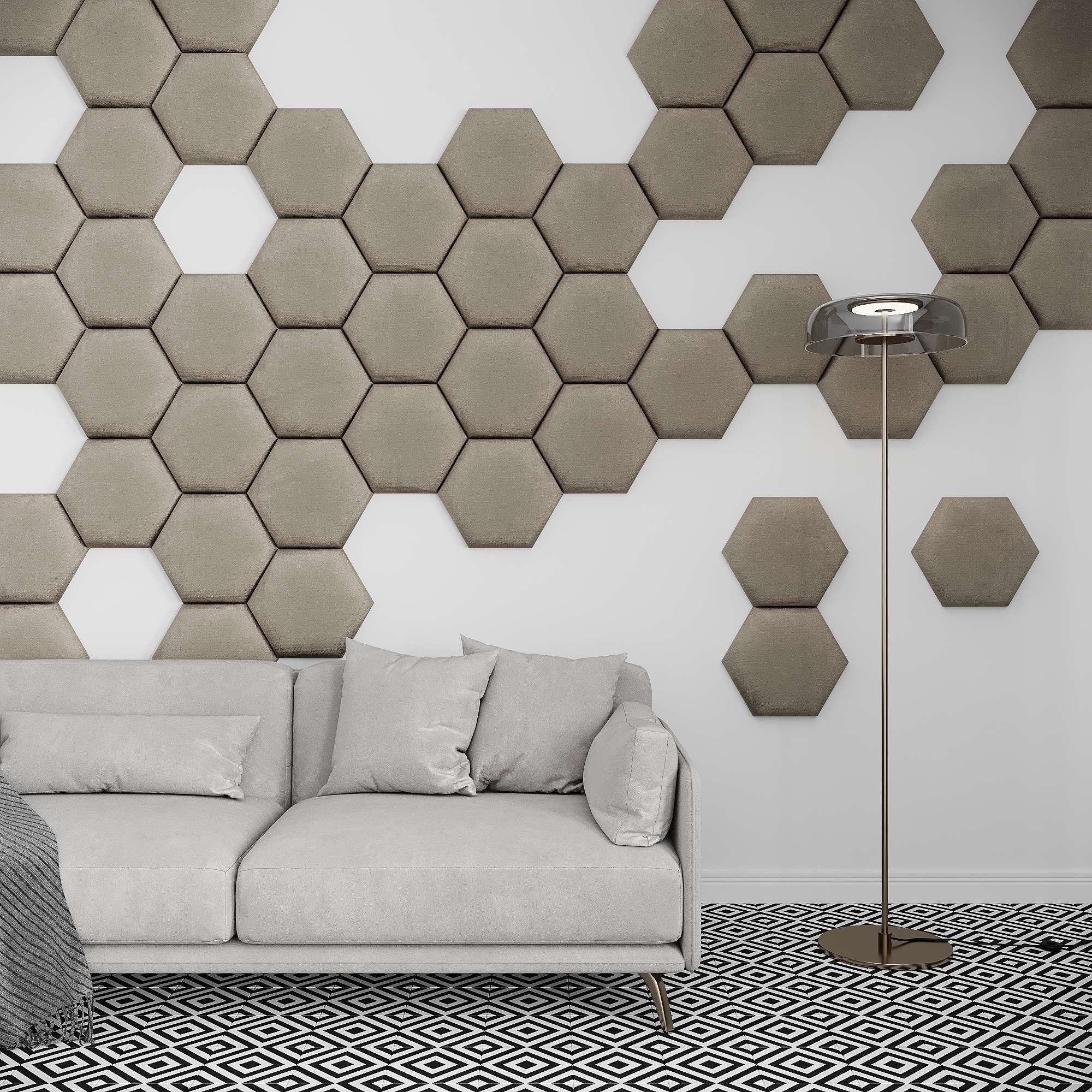 - Wandkissen (1 Samt (sehr softwalls - Hexagon, gut), Schalldämmend Beige Stoff St., Kopfteil - 5 Wandpaneele,