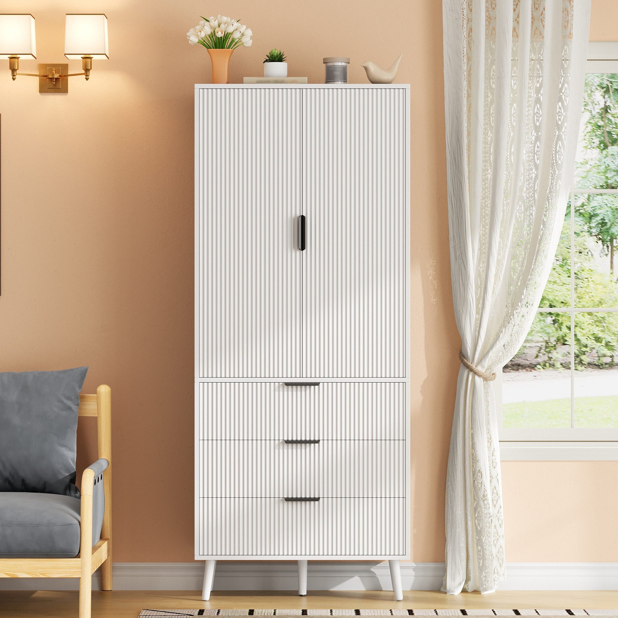 Flieks Hochschrank Vorratsschrank mit 3 Schubladen, Türablagen, verstellbar Einlegeböden (Massivholzbeine, 75x35x180 cm, 1-St., für Küche, Wohnzimmer, Esszimmer – Bild 3 von 5