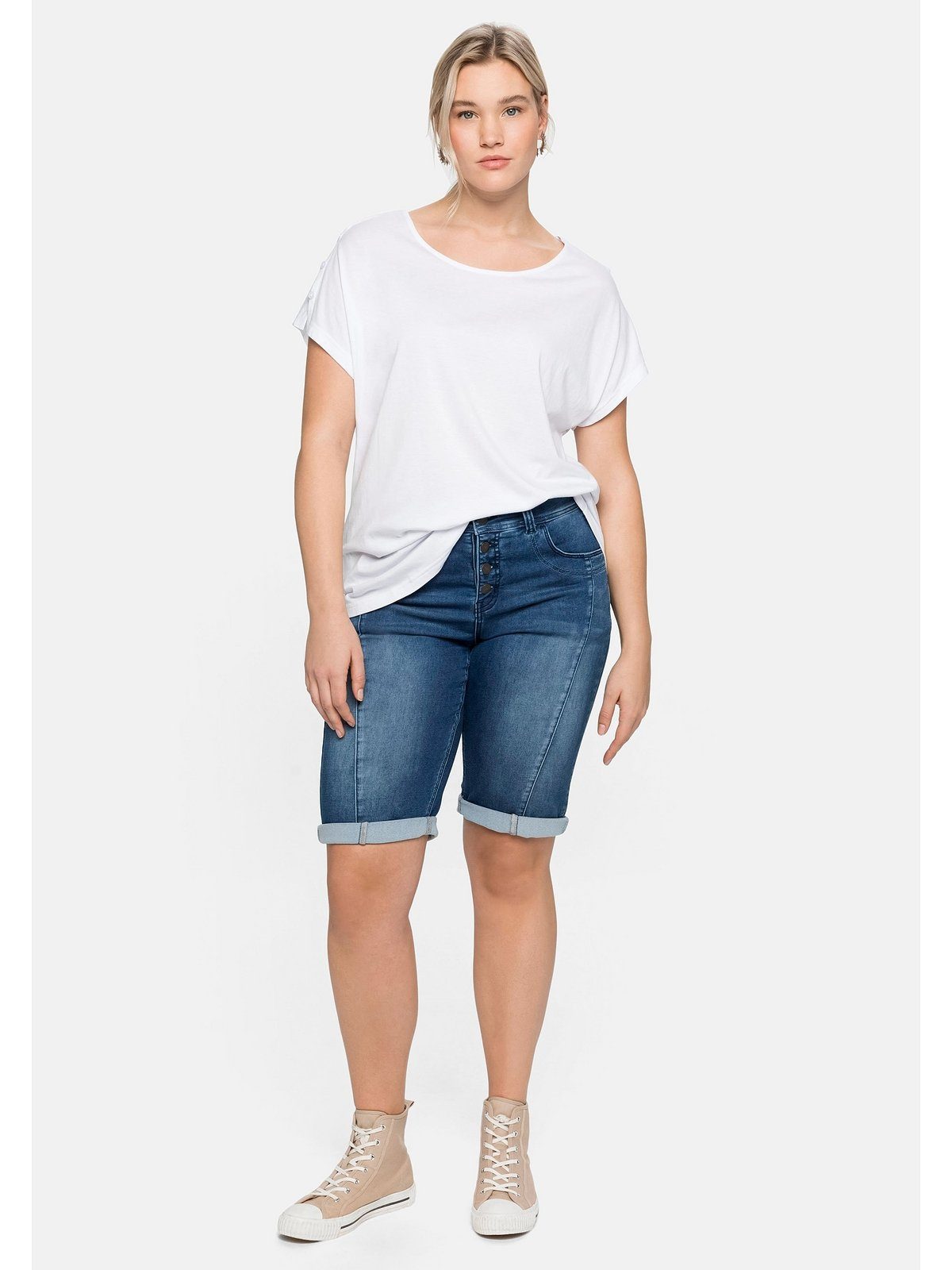 Große in A-Linie T-Shirt Schulterpartie, Sheego mit leichter weiß Größen offener
