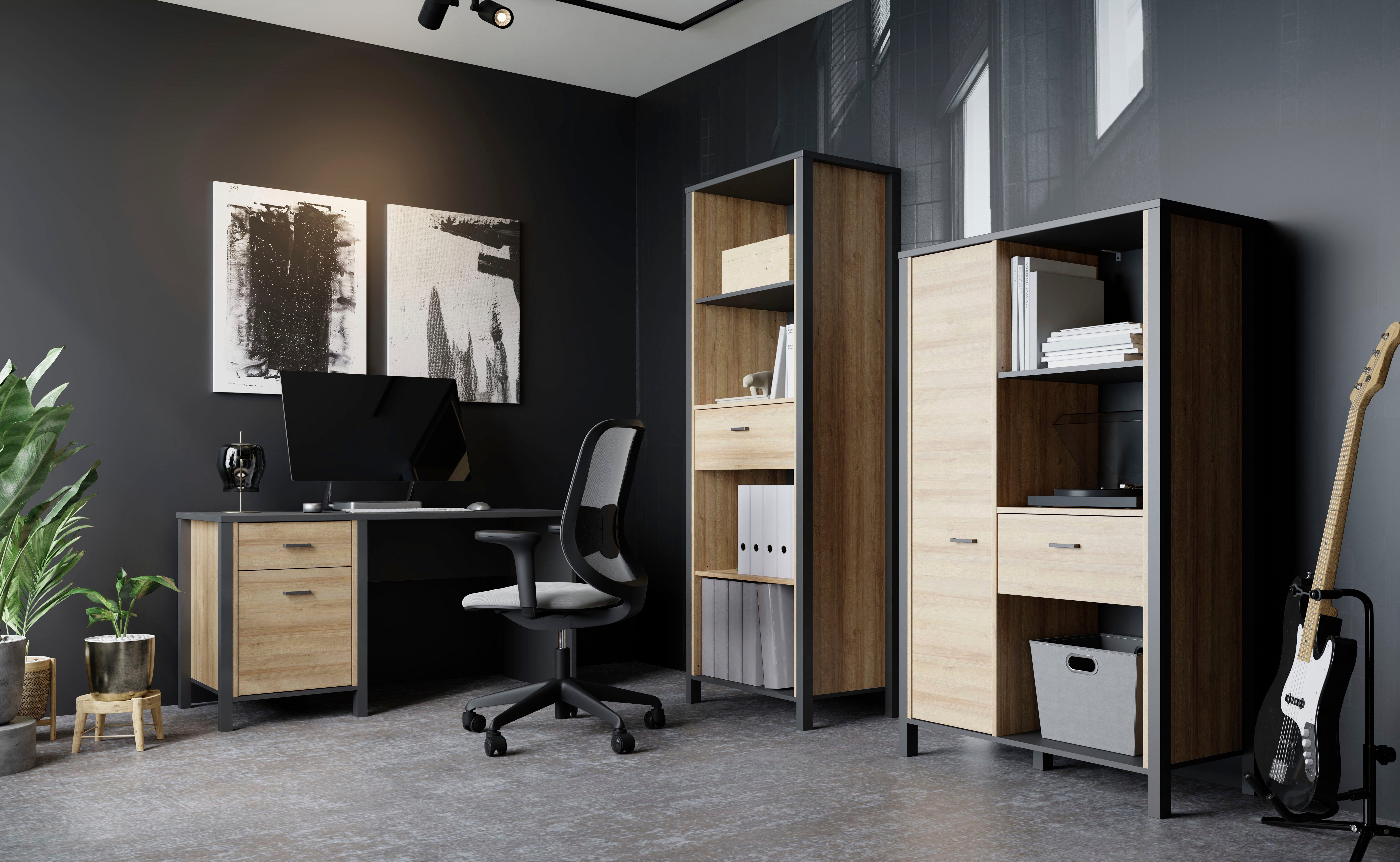 FORTE Aktenregal High Rock, mit Tür & Schublade, 3 offene Fächer, Industrial-Stil, 86x152 cm