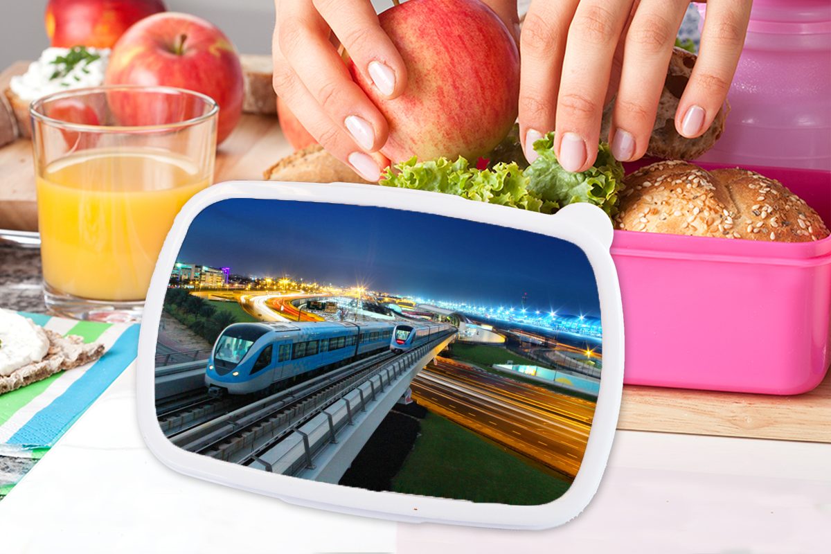 Erwachsene, Kinder, überquert, Mädchen, Kunststoff, rosa Ein Zug, Brotdose Eisenbahnbrücke eine Kunststoff Snackbox, der Brotbox MuchoWow für Lunchbox (2-tlg),