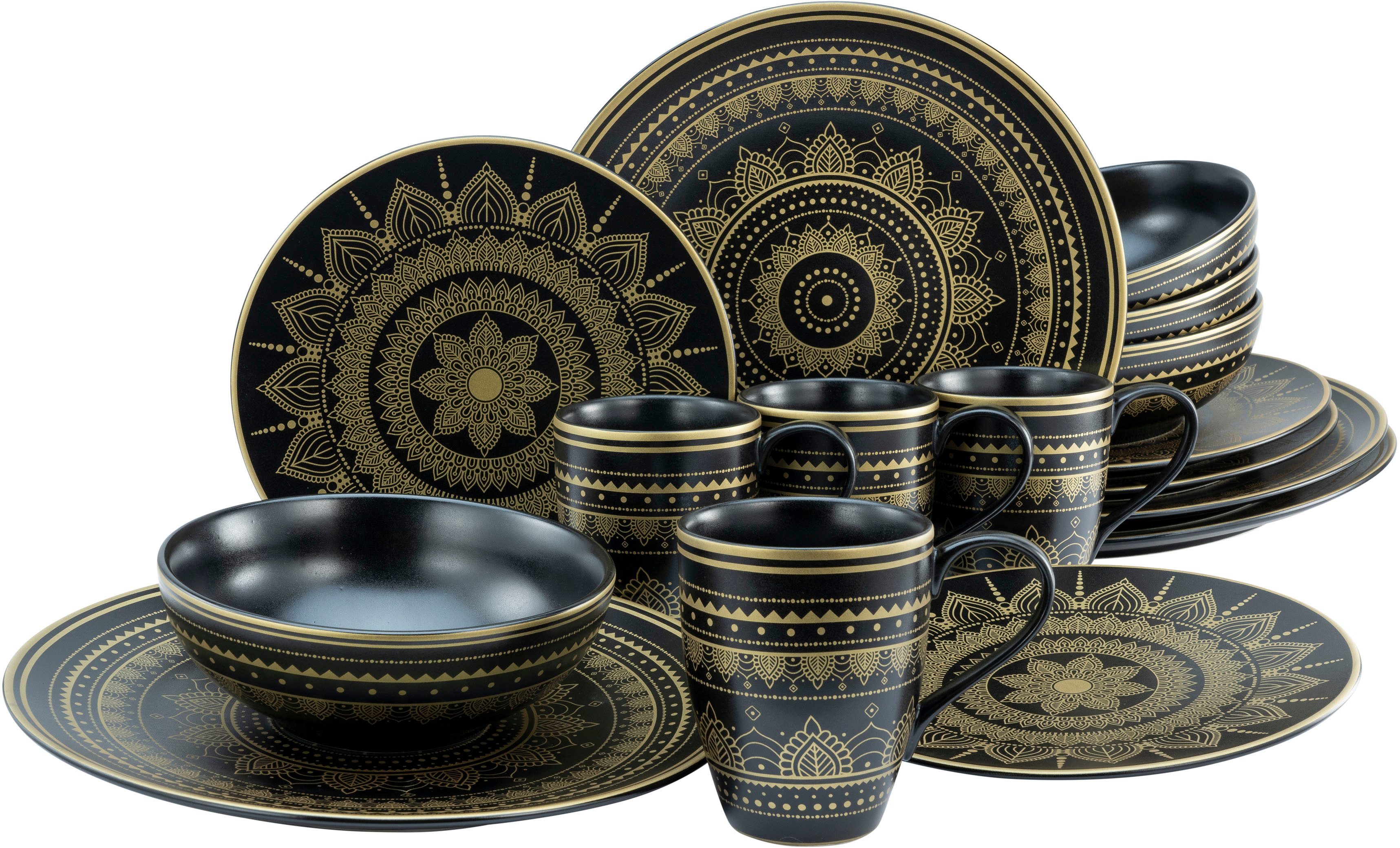 CreaTable Kombiservice Mandala Gold (16-tlg), 4 Personen, Steinzeug, Service, goldene orientalische Motive, 16 Teile, für 4 Personen