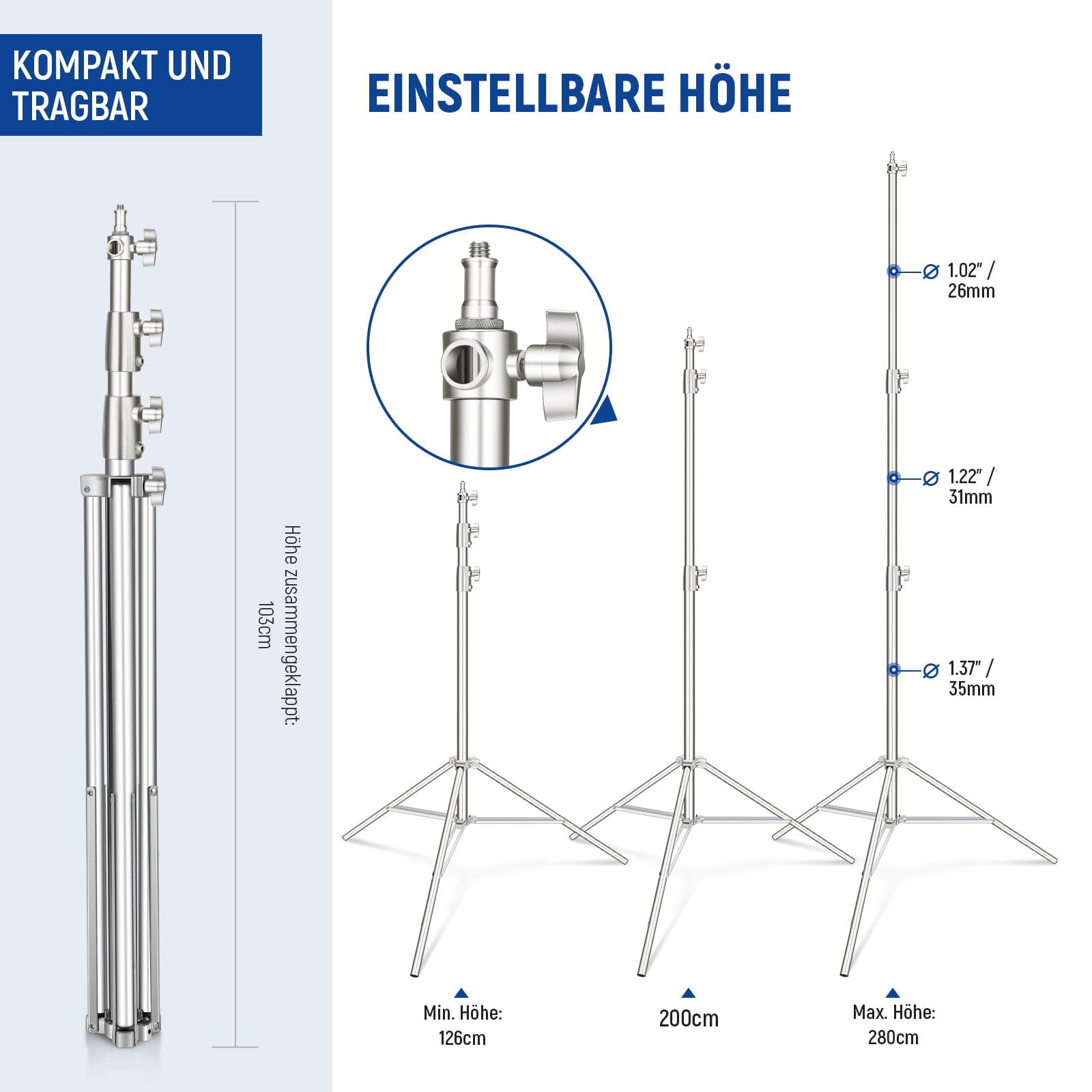 Neewer ST-280SS 2 Stück 280cm Edelstahl Lichtstativ, federgedämpftes Lampenstativ (Heavy Duty Lichtständer, mit 1/4" bis 3/8" Adapter, für Softbox)