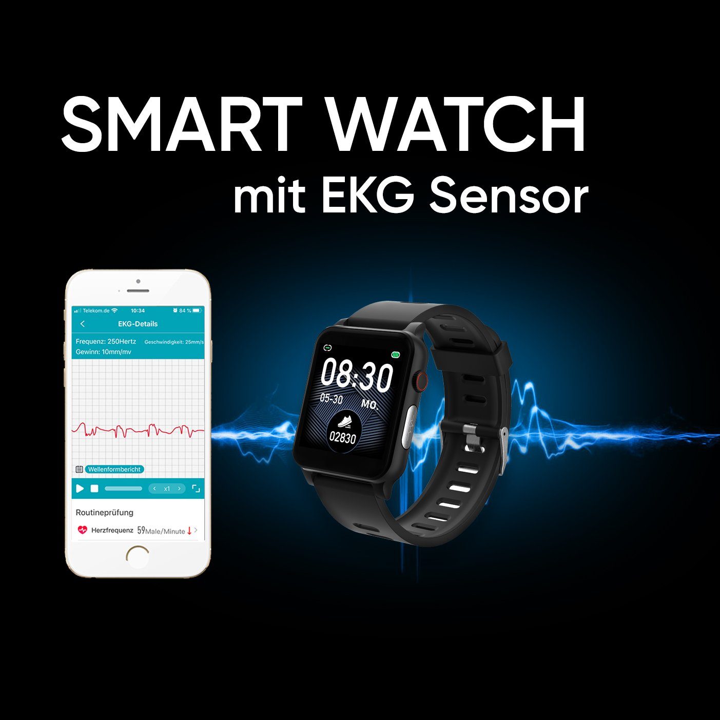 Heyro FIT 21 Smart Watch Fitness EKG PPG Blutdruckmessung Pulsuhr Fitnessuhr (3,9 cm cm/1,54 Zoll, HEYRO Fit 21 App) schwarz