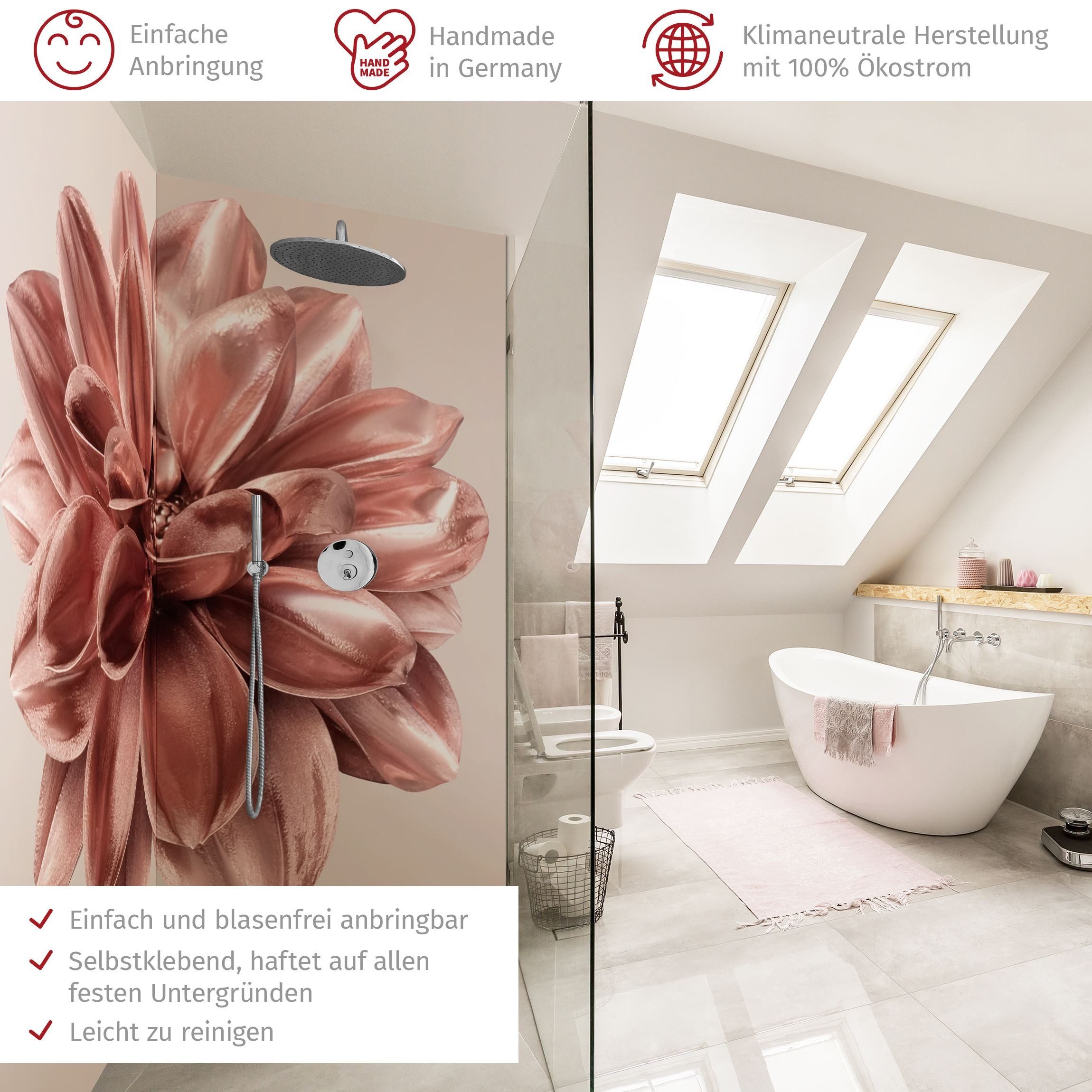 Thumbnail - Bilderdepot24 Badrückwand Blumen rot Duschrückwand ohne Bohren Dusche, (2-tlg., Hart-Folie Premium matt 0,61 mm), fugenl...