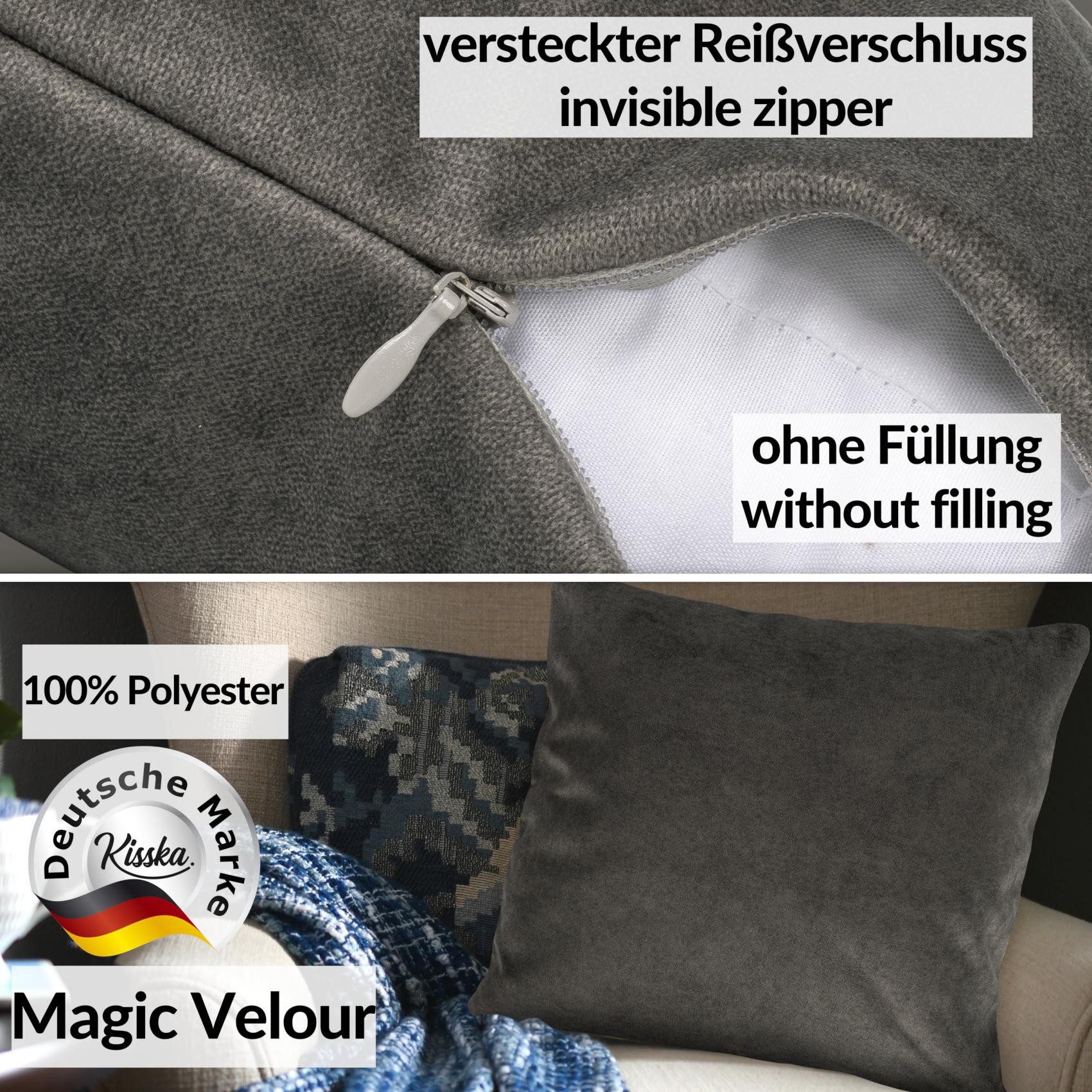 Kisska Dekokissen Kissenhülle MAGIC atmungsaktiv Velour Zierkissen Ambiente Dekorieren, Kissenüberzug ohne Füllung Meliert-Optik UNI 50x30cm Einfarbig Grau