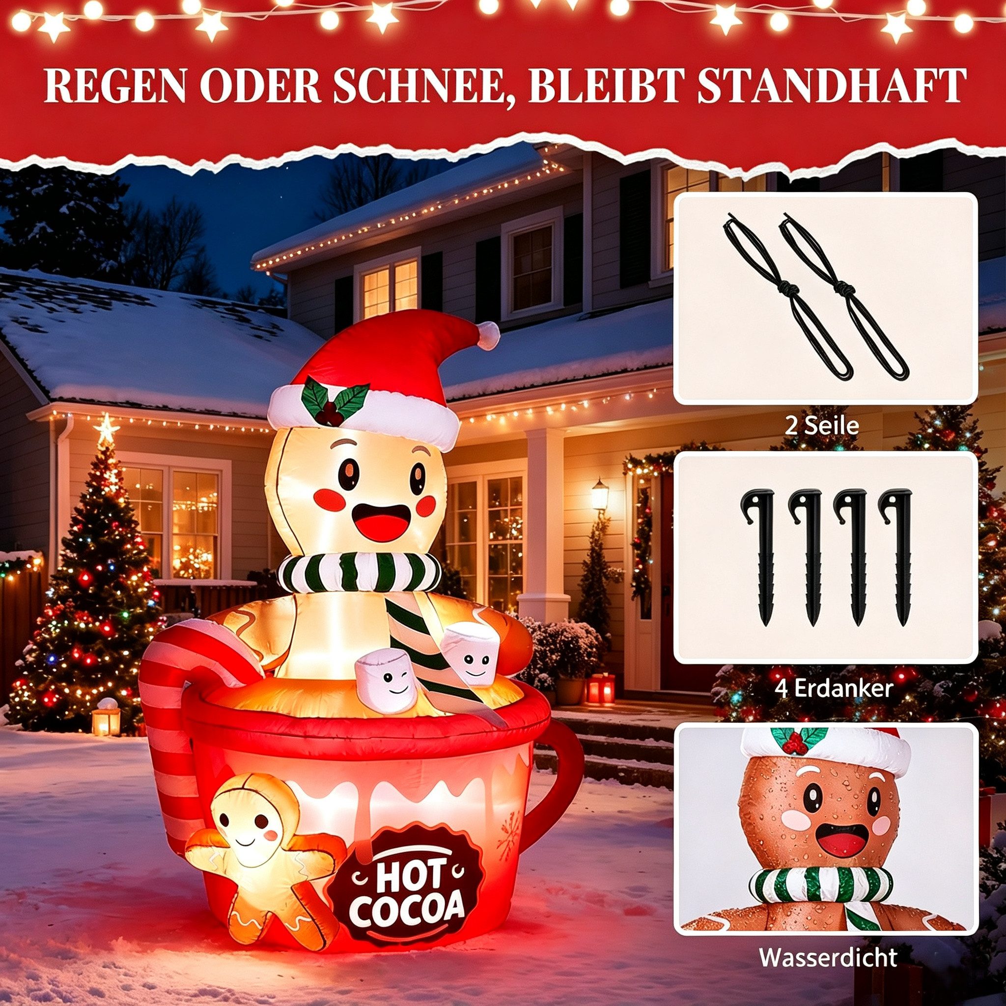 VINGLI Weihnachtsfigur Wetterfest, Weihnachtsdeko Aufblasbar für Innen & Außen, 180 cm Aufblasbarer Lebkuchenmann im Tassen mit Integrierten LEDs – Bild 3 von 5