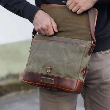 DRAKENSBERG Umhängetasche Messenger Bag »Nate« Wald-Grün, Herren Cross-Body Messenger Tasche aus gewachstem Canvas mit Leder