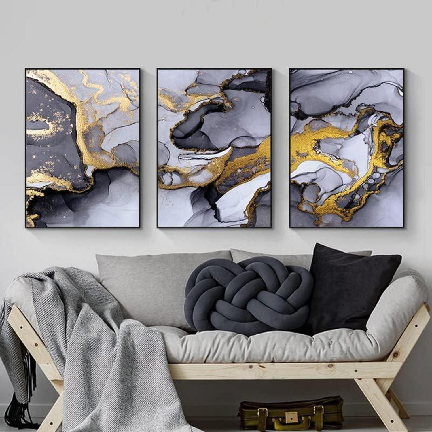 LuxusKollektion Leinwandbild Wandbilder Wohnzimmer grau golden FluidArt 3PCS-60x90cm Marmoriert 5