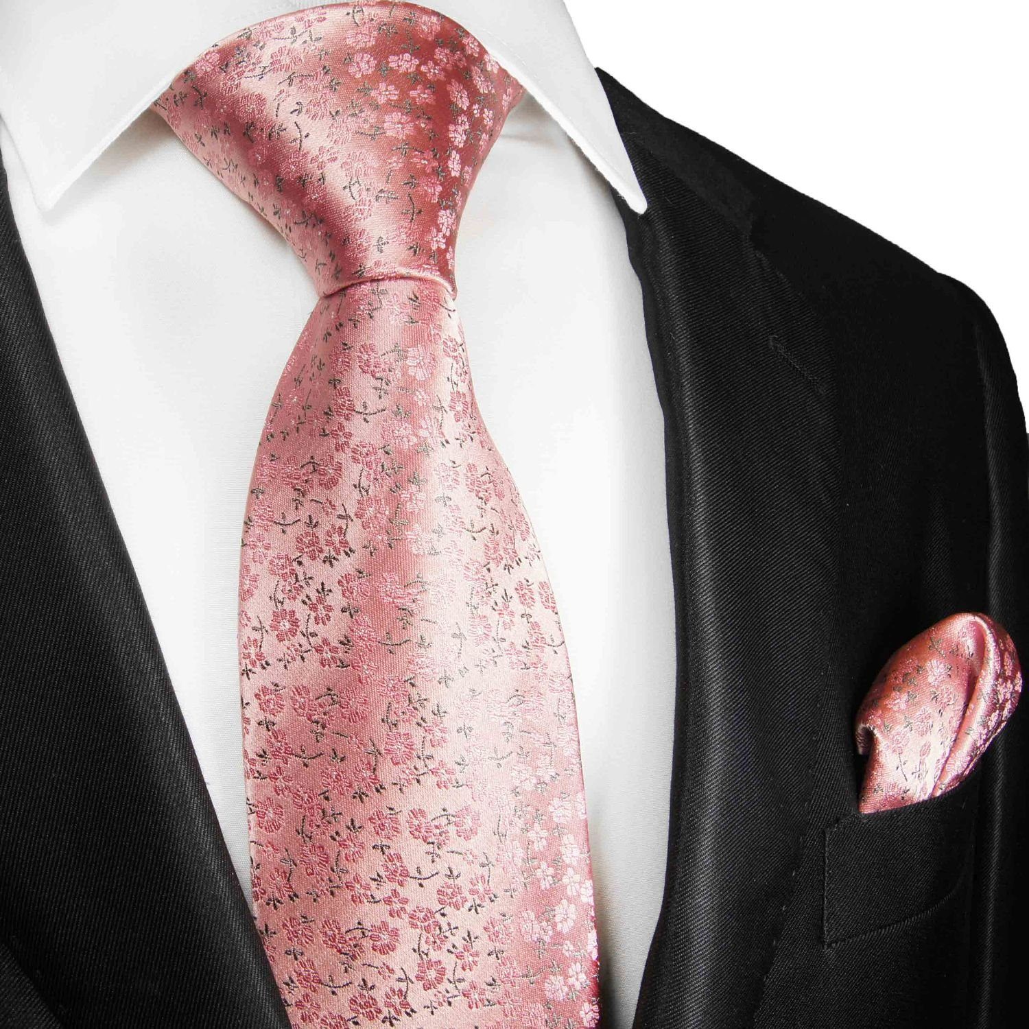 geblümt (6cm), Herren Malone modern (Set, Einstecktuch) Seidenkrawatte Paul Krawatte pink mit Seide mit 2056 Krawatte 2-St., 100% Schmal Tuch
