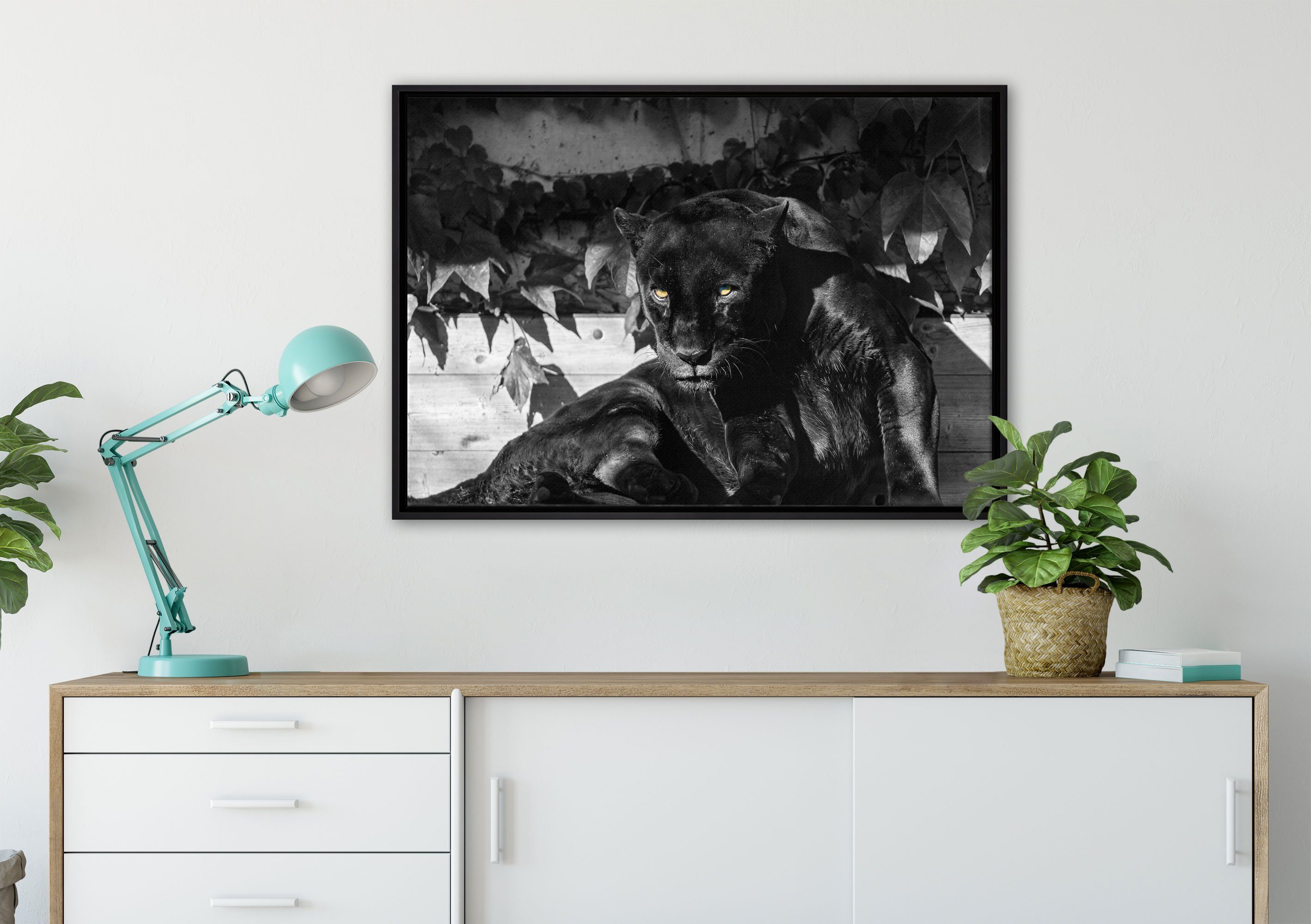 Pixxprint Leinwandbild schwarzer Panther, (1 Wanddekoration St), gefasst, bespannt, einem Zackenaufhänger fertig inkl. Schattenfugen-Bilderrahmen Leinwandbild in
