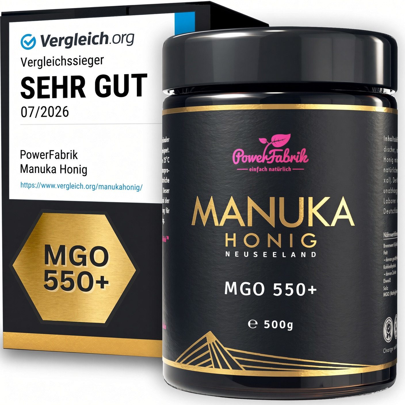 PowerFabrik Honig Manuka Honig MGO 550+, 500g, Original aus Neuseeland, im Glas, HALAL, 1 x