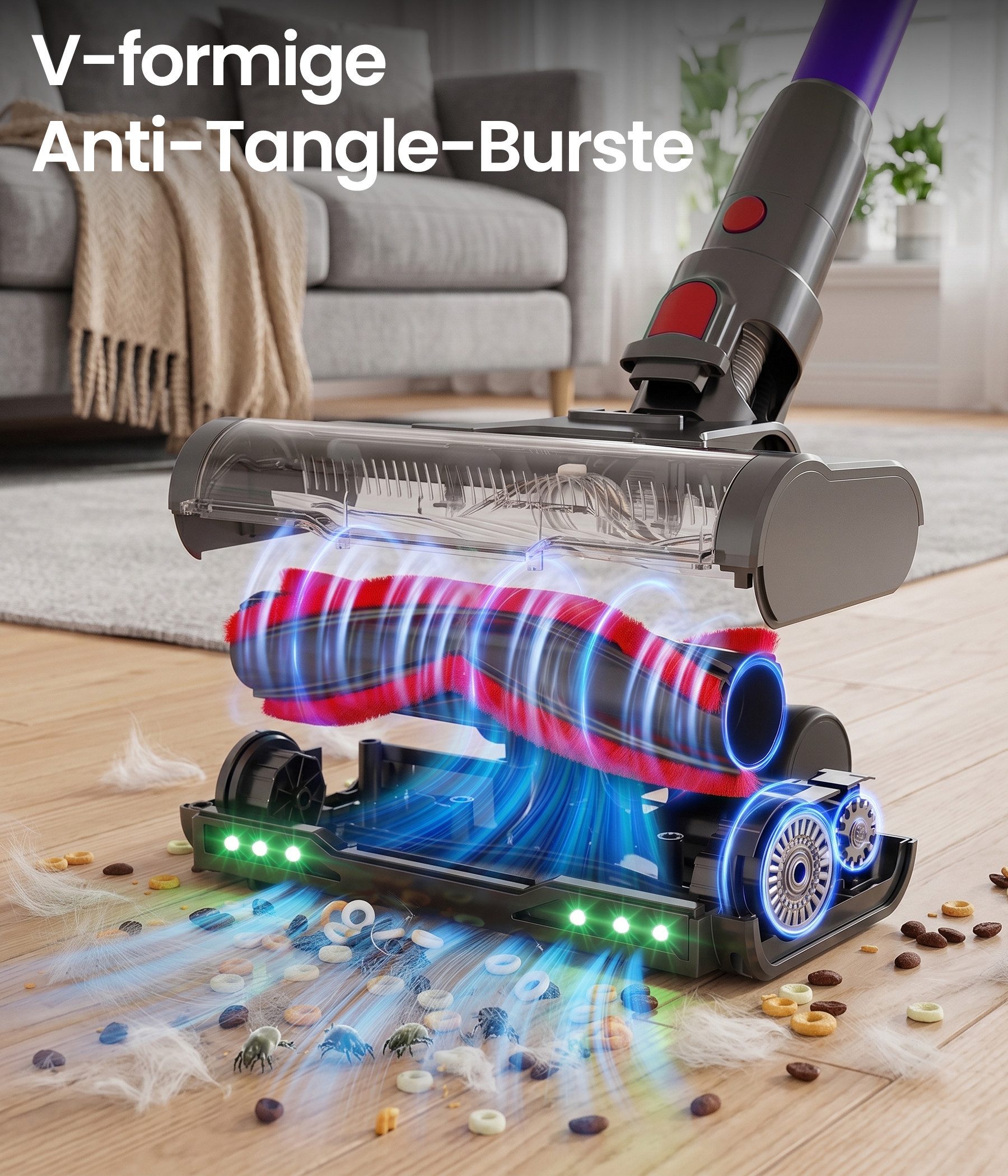 ZOOMCAT Akku-Stielstaubsauger Akkustaubsauger Kabellos, 50KPA/600W/65Mins Staubsauger ohne beutel, 600 W, beutellos, V‑förmige Antitangle‑Bürste, Flexibler Bürstenkopf, Kabellos & leicht