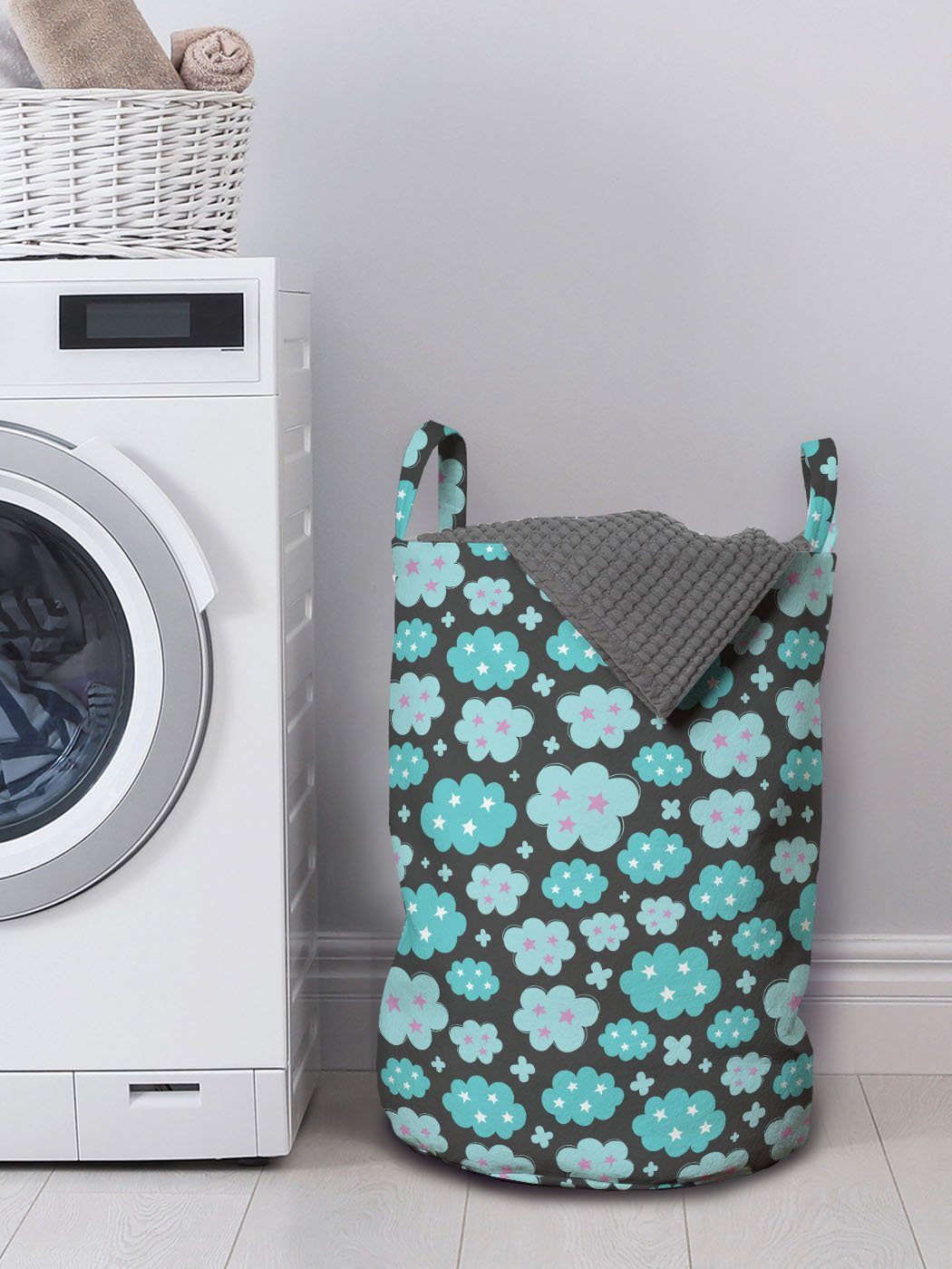 Zusammensetzung Waschsalons, Wolke Wäschekorb mit Kordelzugverschluss Wäschesäckchen Griffen für Abakuhaus Cartoon-Stil