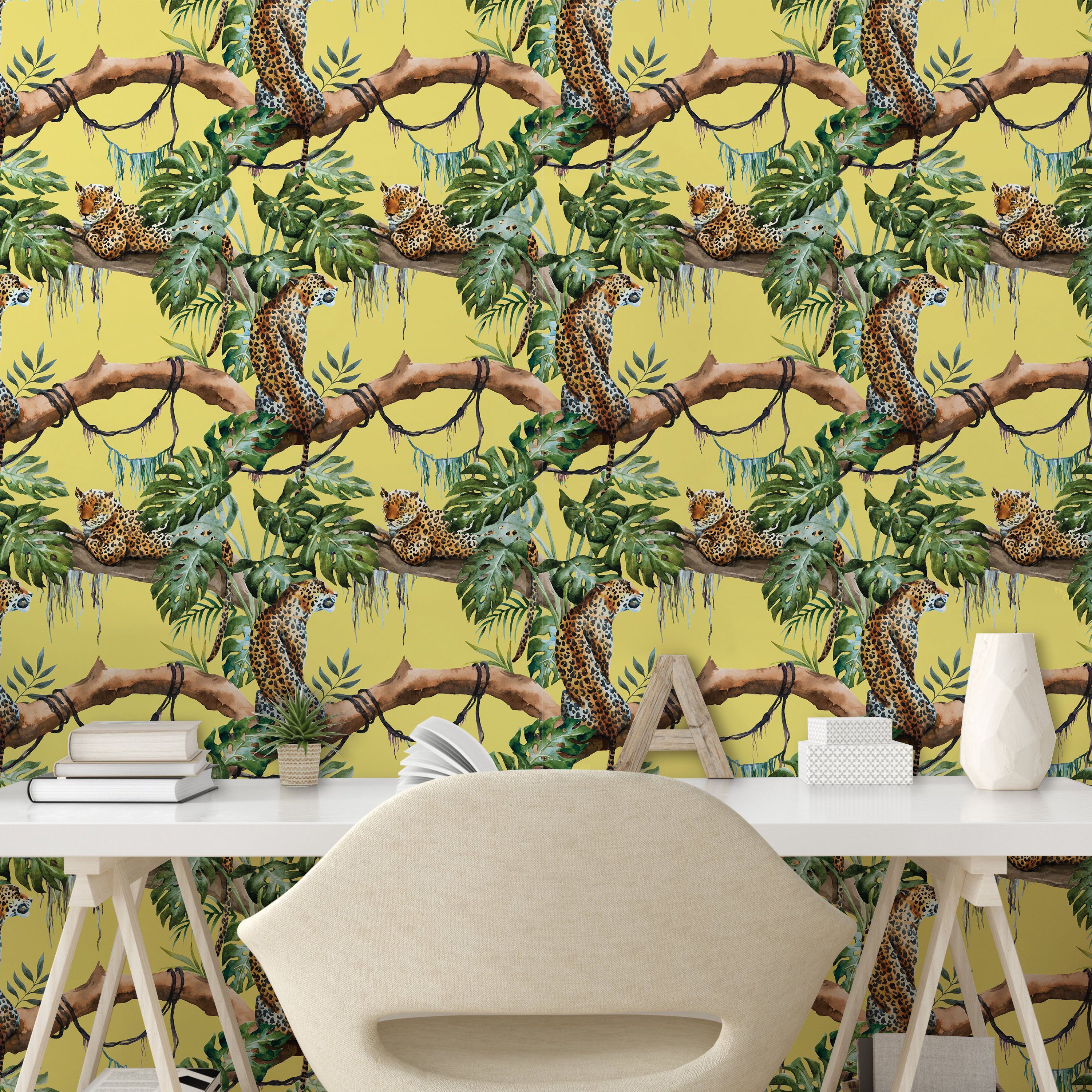 Abakuhaus Vinyltapete selbstklebendes Wohnzimmer Küchenakzent, Aquarell in Jungle Leoparden