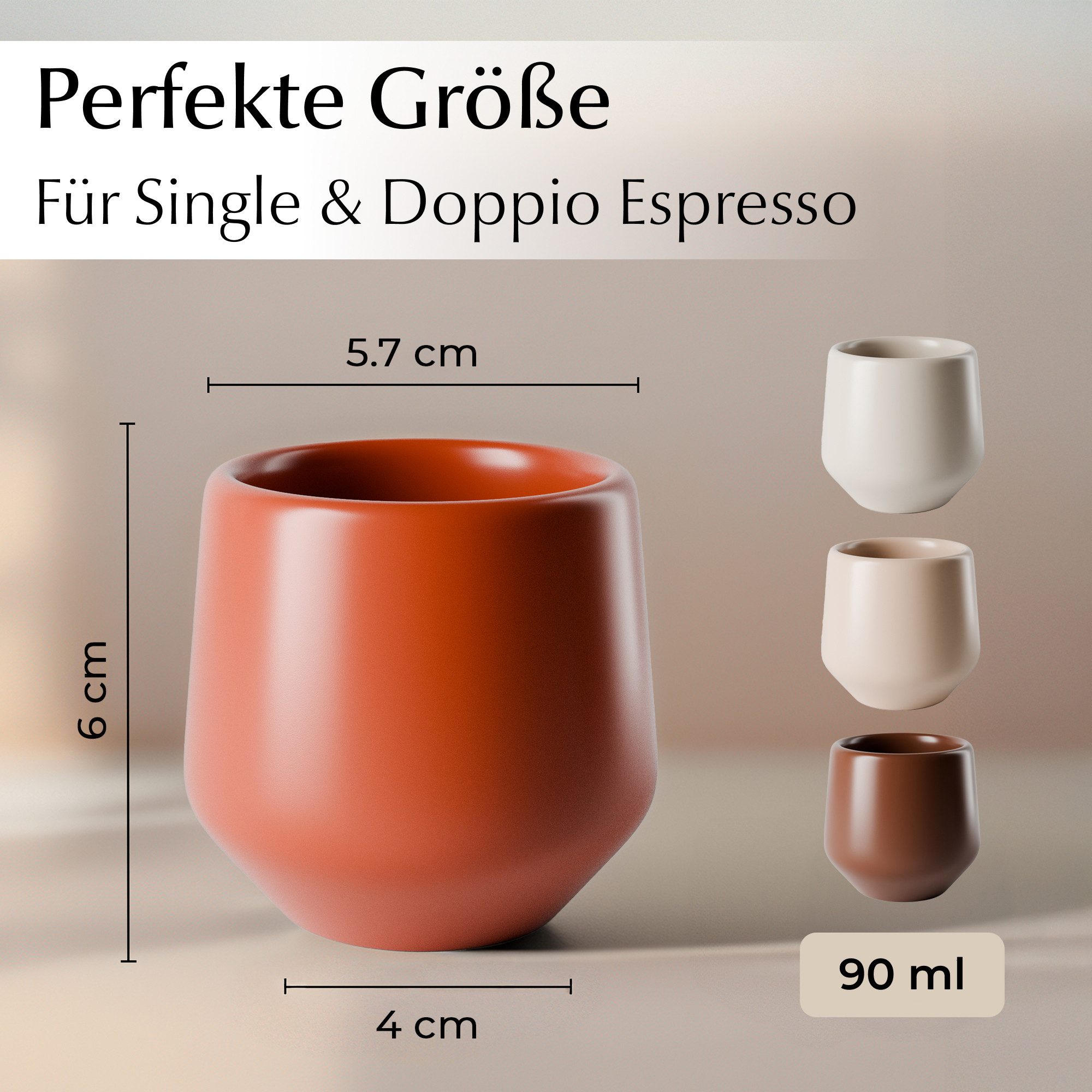 MiaMio Espressotasse Luxe ohne Henkel, 90 ml, Beige Pastel, 4-tlg., Keramik, Ristretto & Doppio, dickwandig, modern