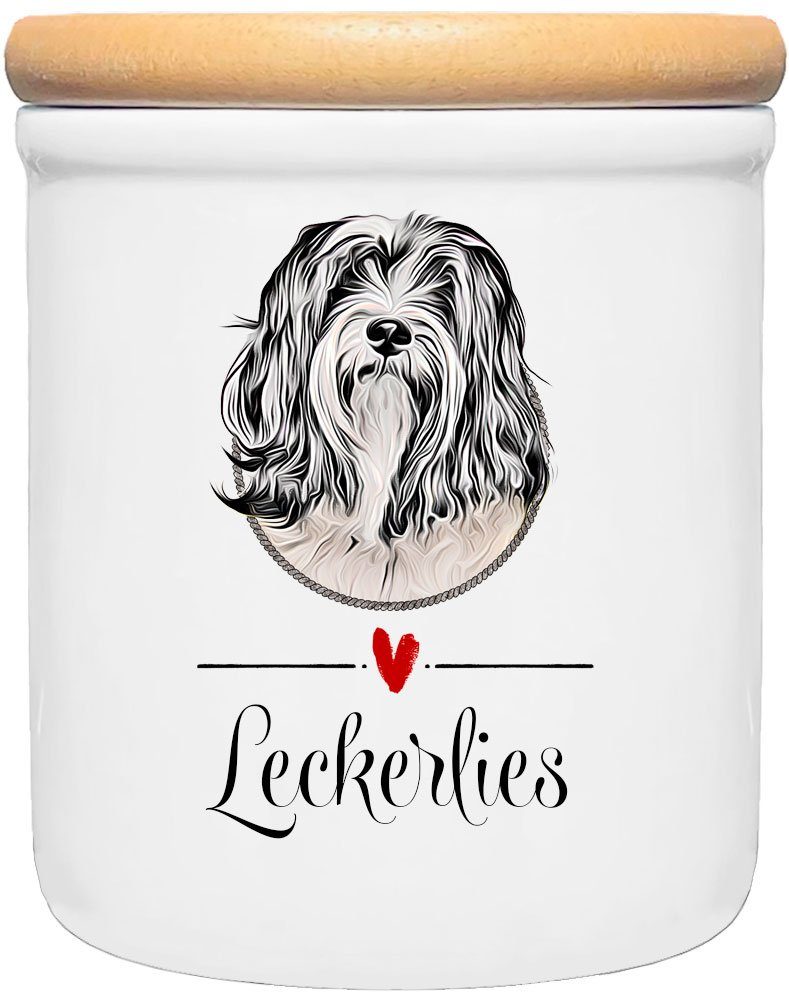 Cadouri Vorratsdose TIBET TERRIER - Leckerlidose Hund - für Hundekekse, Keramik, (Leckerlidose mit Hunderasse, 2-tlg., 1x Keramikdose mit Holzdeckel), Hundekeksdose, handgefertigt in Deutschland, für Hundebesitzer, 400 ml