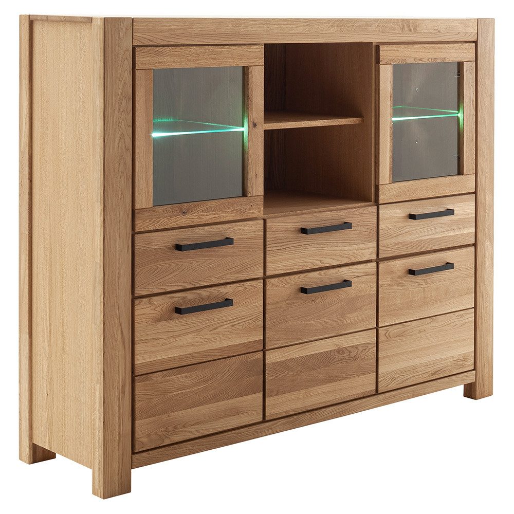 Lomadox Highboard SELISTE-06, Massivholzmöbel, Eiche teilmassiv geölt, 172cm breit, LED-Beleuchtung