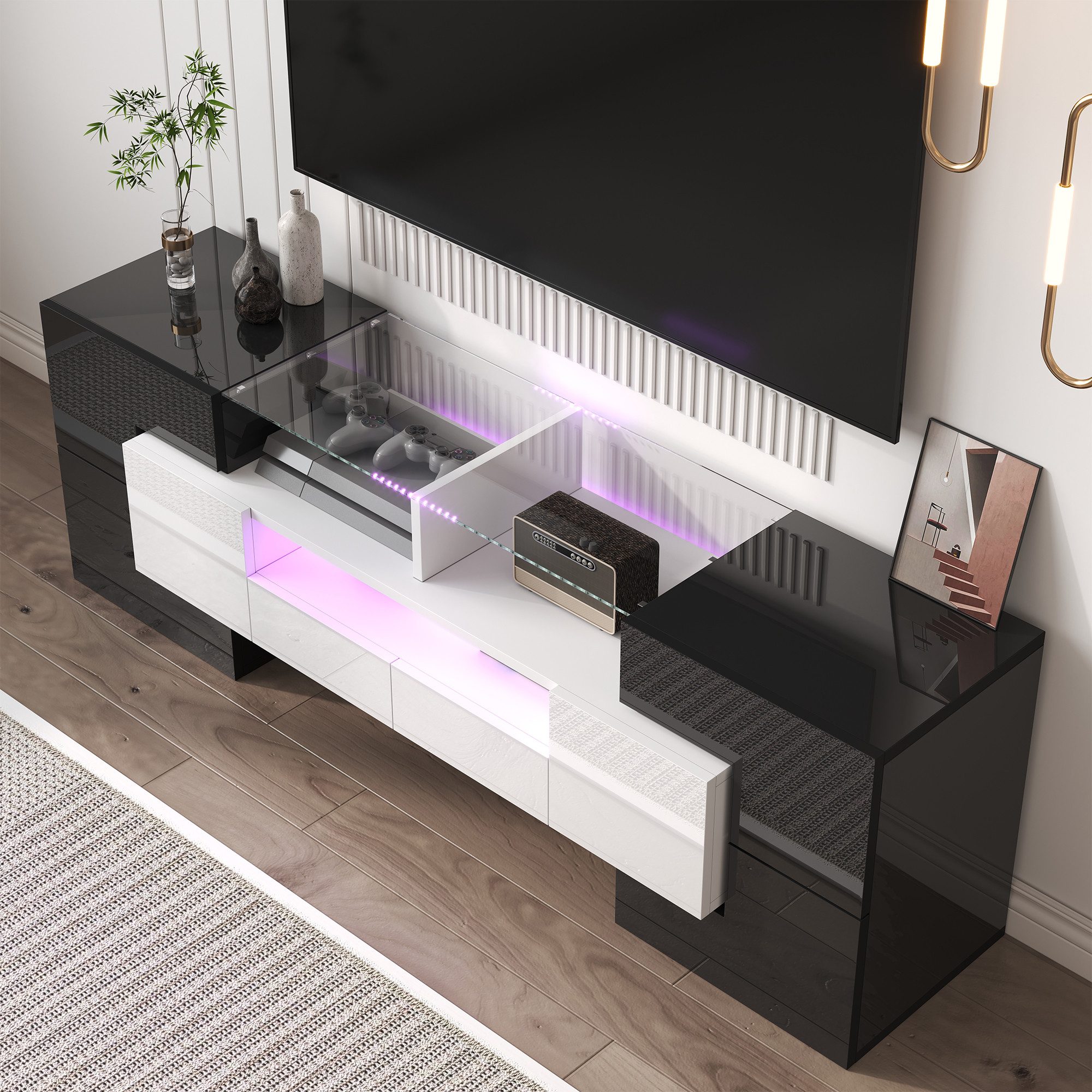 OKWISH TV-Schrank moderne Optik, mit viel Stauraum für Multimedia (TV-Schrank,Fernsehtisch,TV-Board, 1-St., 6 Türen, 2 Schubladen, großzügiger Stauraum) mit LED-Beleuchtung, einfach aufzubauen, für modernes Wohnen