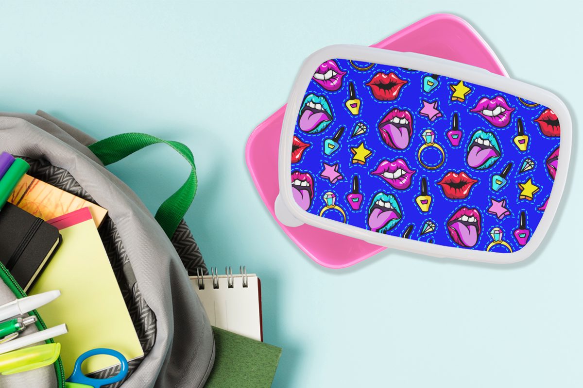 MuchoWow Lunchbox Muster - Mädchen, Erwachsene, Popart Snackbox, (2-tlg), Kinder, Blau, Brotbox - Brotdose - für Kunststoff rosa Neon Kunststoff