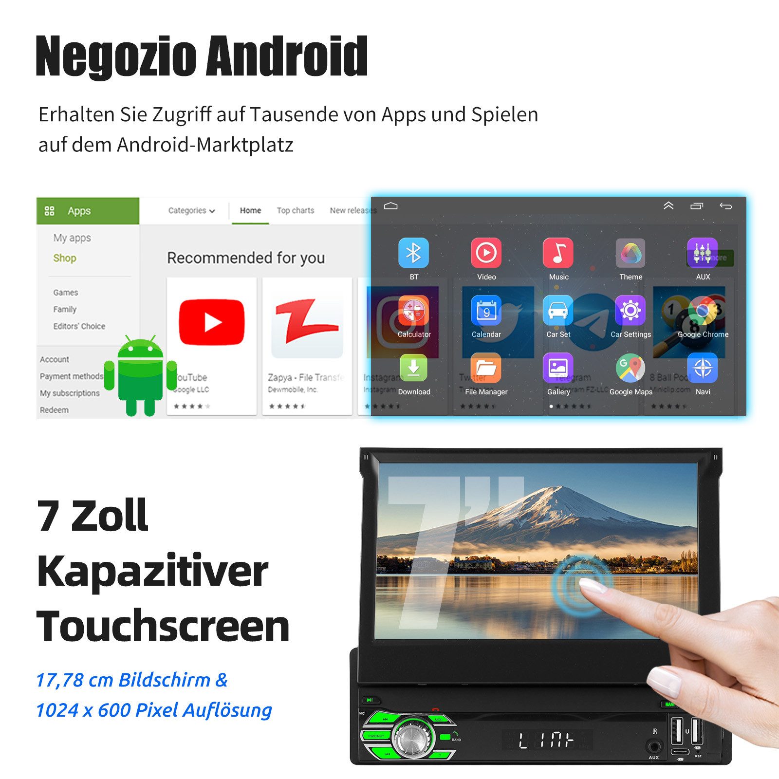 ESSGOO DAB+ 4+64G 1 DIN 7 Zoll Flip Out Android 15 Carplay Autoradio GPS WIFI Navigationsgerät (Apple Carplay Android Auto GPS Navi WIFI BT EQ)