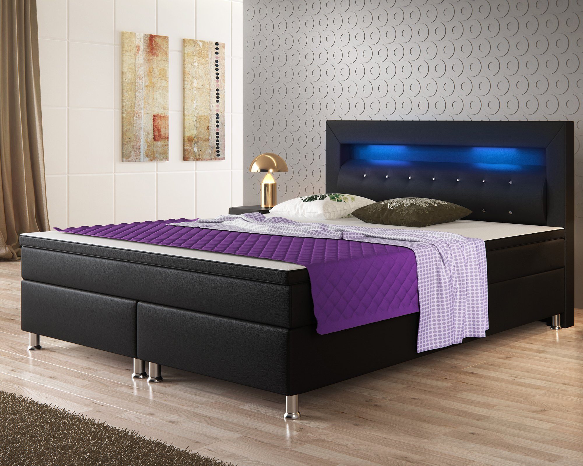 interbed Boxspringbett Boxspringbett Monaco 180x200 cm Kunstleder PU (Boxspringbett, inkl. LED-Beleuchtung, inkl.Kopfteil mit Kristall Knöpfe, inkl.Topper), inkl.Matratez und Topper