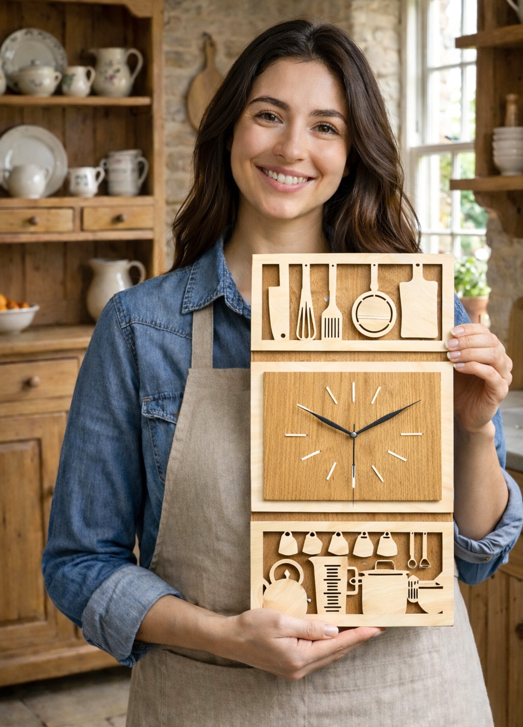 ORNAMENTI Wanduhr Große Küchenuhr, handgefertigte,moderne aus Holz, Hingucker Wanddeko (lautlos, ohne Tickgeräusche für Wohnzimmer, ohne Ziffern)
