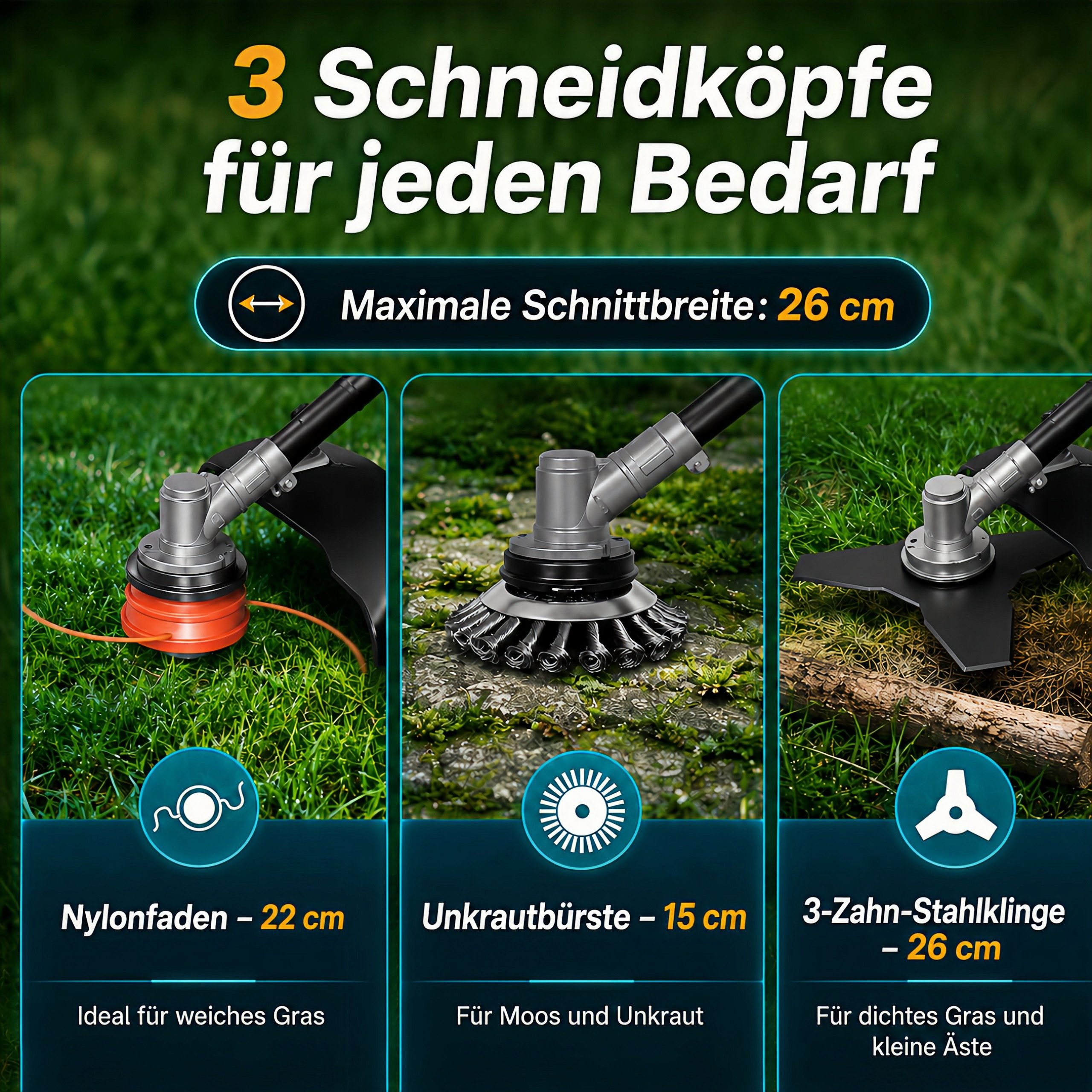 Rinoxar Akku-Rasentrimmer Kabelloser Rasentrimmer 12000RPM,Akku Freischneider mit 2x5200mAh akku, 26cm cm Arbeitsbreite Messer, 26cm Schnittdurchmesser, Sicherheitsschutz, 3 Klingen für Garten