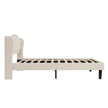 Fangqi Polsterbett 90-160-180*200cm Gepolstertes Bett,Samtkopfteil,Nietenverzierung,Beige (Installationswerkzeugsatz)