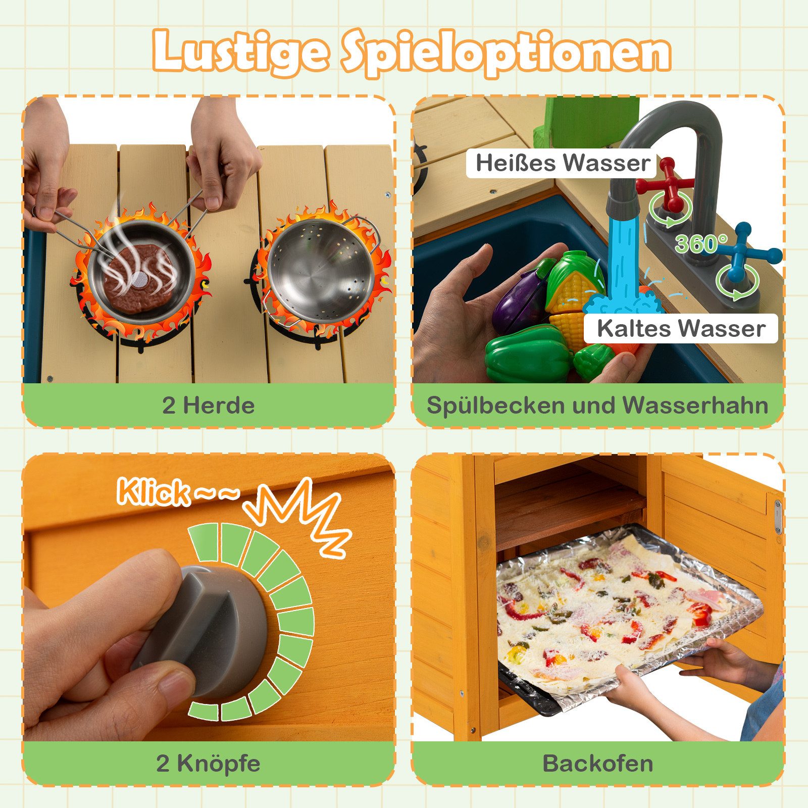COSTWAY Outdoor-Spielküche Holz, Kunststoff, mit realistischen Kochutensilien für Kinder ab 3 Jahren