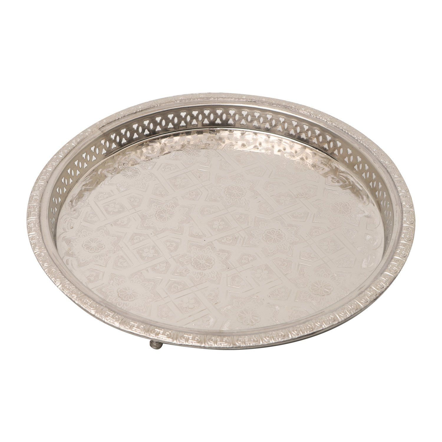Tablett Marokkanisches Serviertablett Mernissi Silber rund Ø 37 cm 3 Füßen