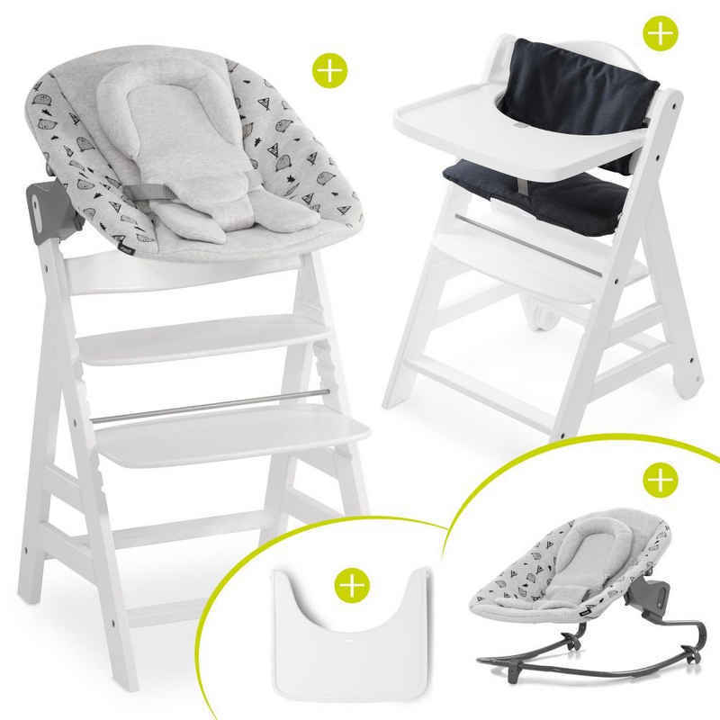 Hauck Hochstuhl »Beta Plus White Newborn Set« (Set, 5 St), Holz Babystuhl ab Geburt mit Liegefunktion - inkl. Aufsatz für Neugeborene (Wippe) Premium, Tisch, Sitzauflage - mitwachsend, höhenverstellbar