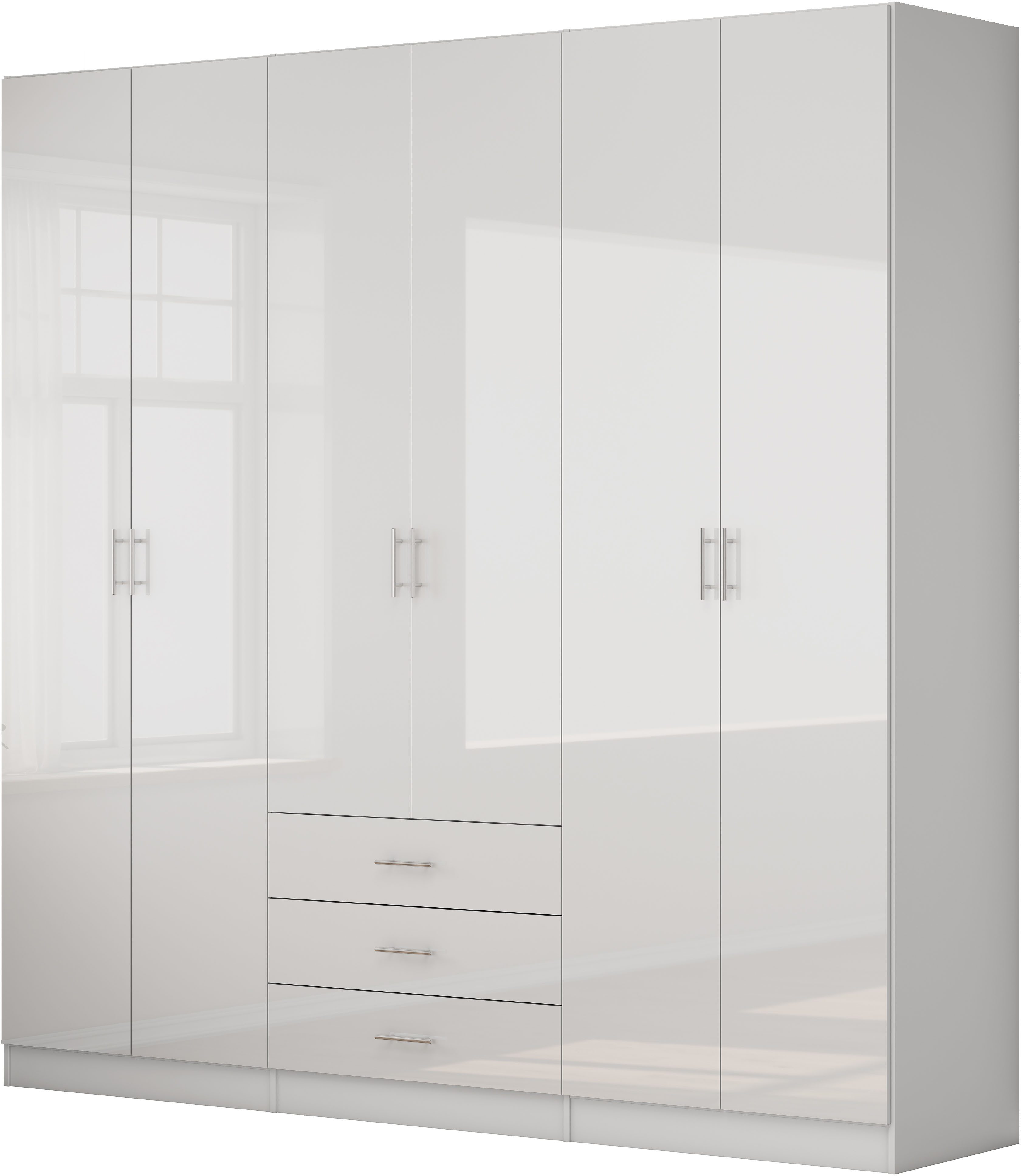 OTTO home Kleiderschrank Trento Schlafzimmerschrank Garderobe hochglanz (in 2 unterschiedlichen Schrankhöhen wählbar) Schrank mit 6 Türen und 3 Schubladen, hochglanz Fronten, Höhe 2,39m