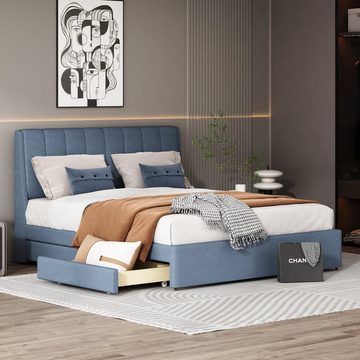 WISHDOR Polsterbett Doppelbett mit Schubladen und Rückenlehne (140 x 200 cm Blau mit Lattenrost ohne Matratze), Leinenbett mit Außenverteidigern auf beiden Seiten