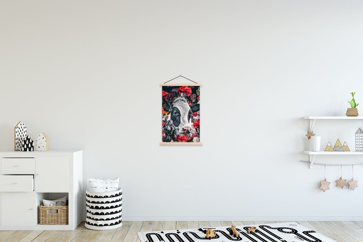 (1 Posterleiste, MuchoWow Magnetisch Bilderleiste, - St), Textilposter Kuh Wohnzimmer, - Rot, Zeichnung Poster für