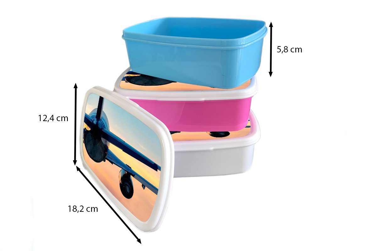MuchoWow Lunchbox Rückansicht eines Erwachsene, fliegenden Mädchen für Sonnenuntergangs, Kinder Brotdose, während für Brotbox (2-tlg), Jungs eines weiß Flugzeugs und Kunststoff, und
