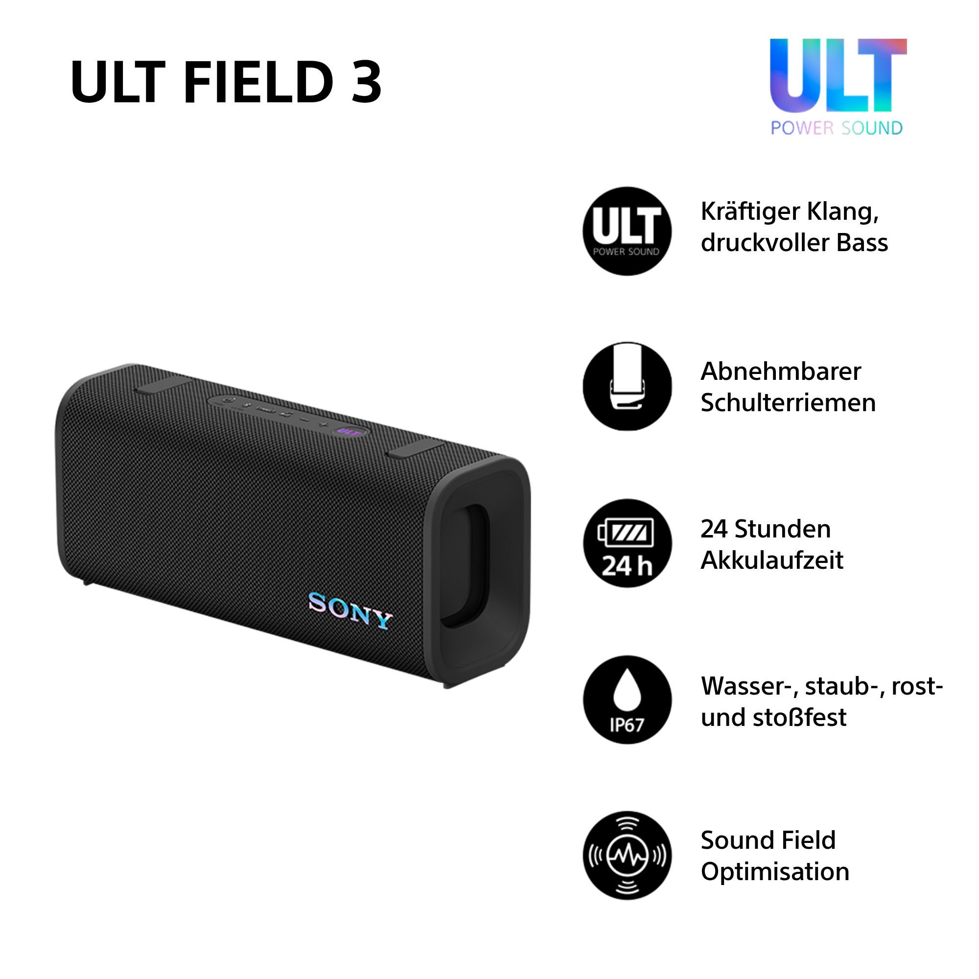 Sony ULT FIELD 3 + SRS-XB100 Bluetooth-Lautsprecher Stereo (A2DP Bluetooth, Bluetooth, HFP, AVRCP Bluetooth, 30 W, 2er Set - ULT POWER SOUND, 24h-Akku, IP67, wa – Bild 5 von 5