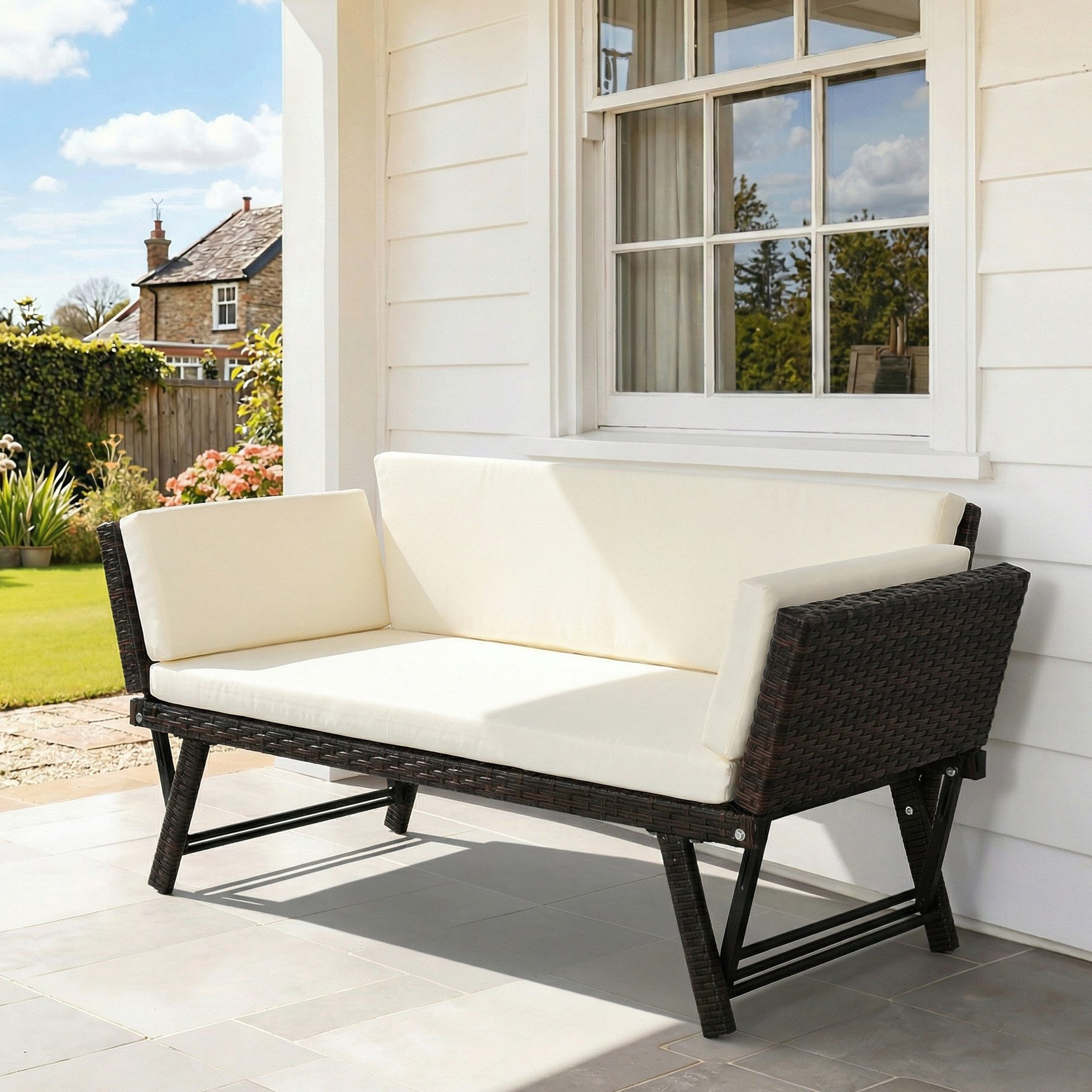Outsunny Gartensofa Polyrattan 2 Sitzer klappbar mit Armlehnen Stahl 129x63x67cm, Gartenmöbel 1 Teile, für Garten, Balkon, Braun