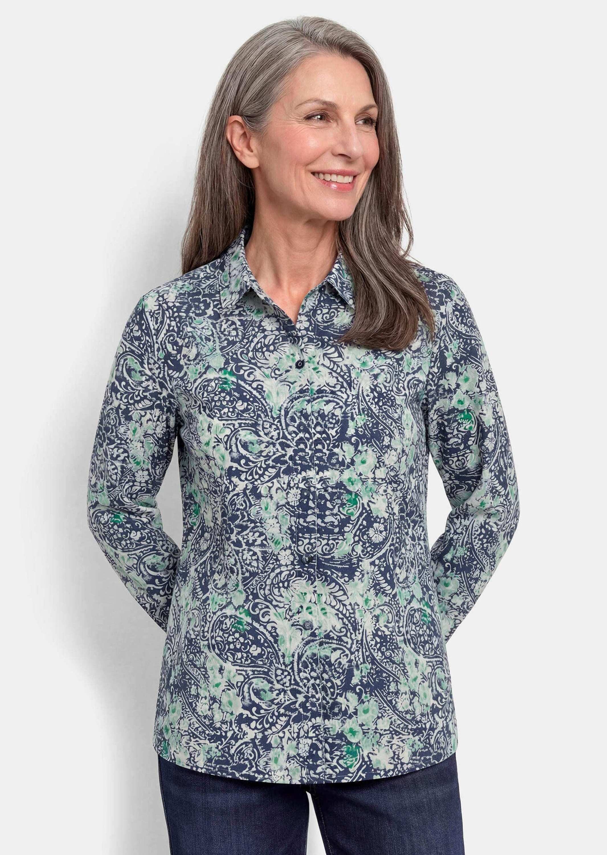 GOLDNER Hemdbluse Hemdbluse mit Paisley-Druck Tailliertes Baumwollhemd mit Kragen, Knopfleiste und Langarm