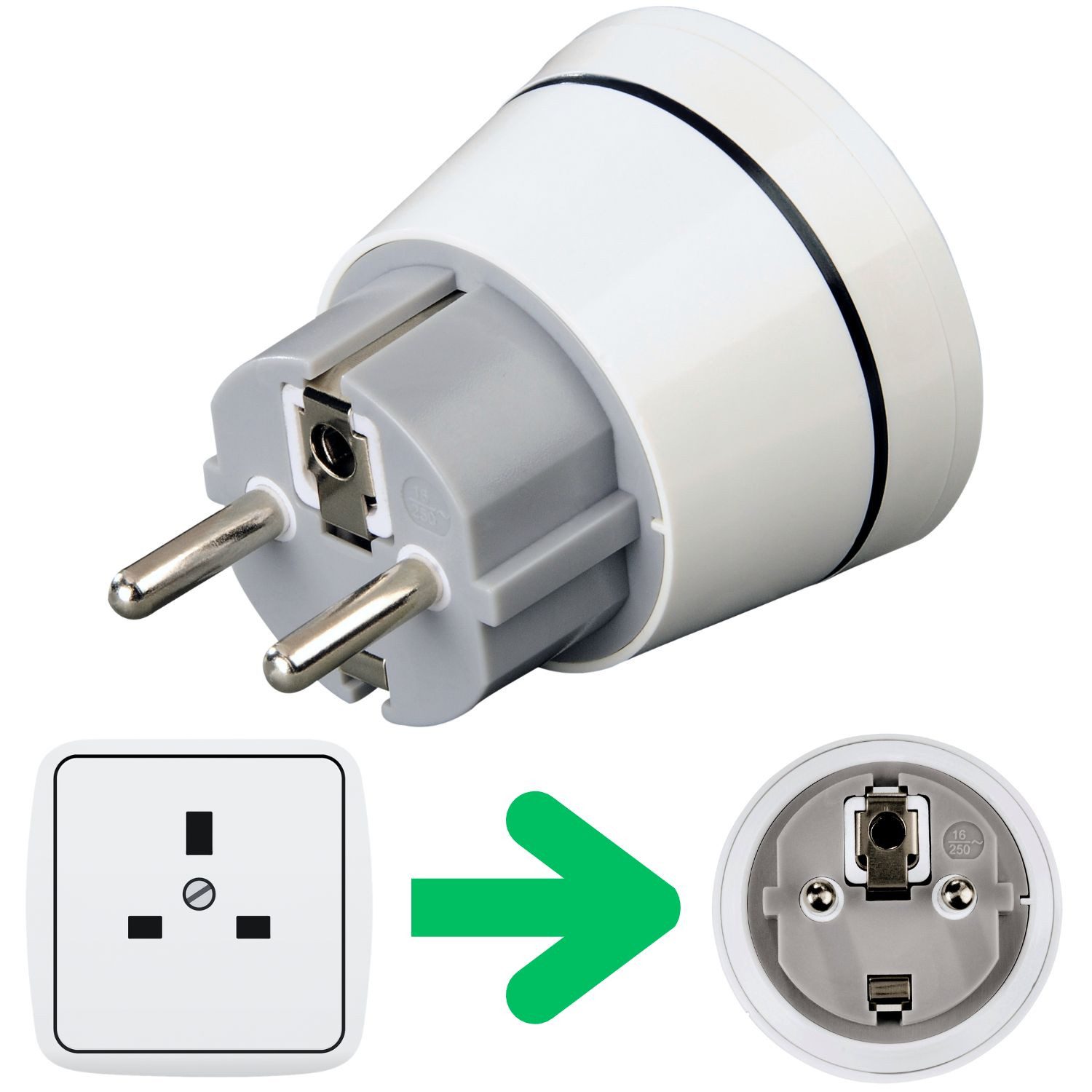 Hama Reise-Stecker Strom-Adapter UK auf DE EU Weiß Stromadapter Typ E, Typ F zu Typ G, UK England Steckdose Dubai Typ G auf Deutschland DE EU Stecker Typ F