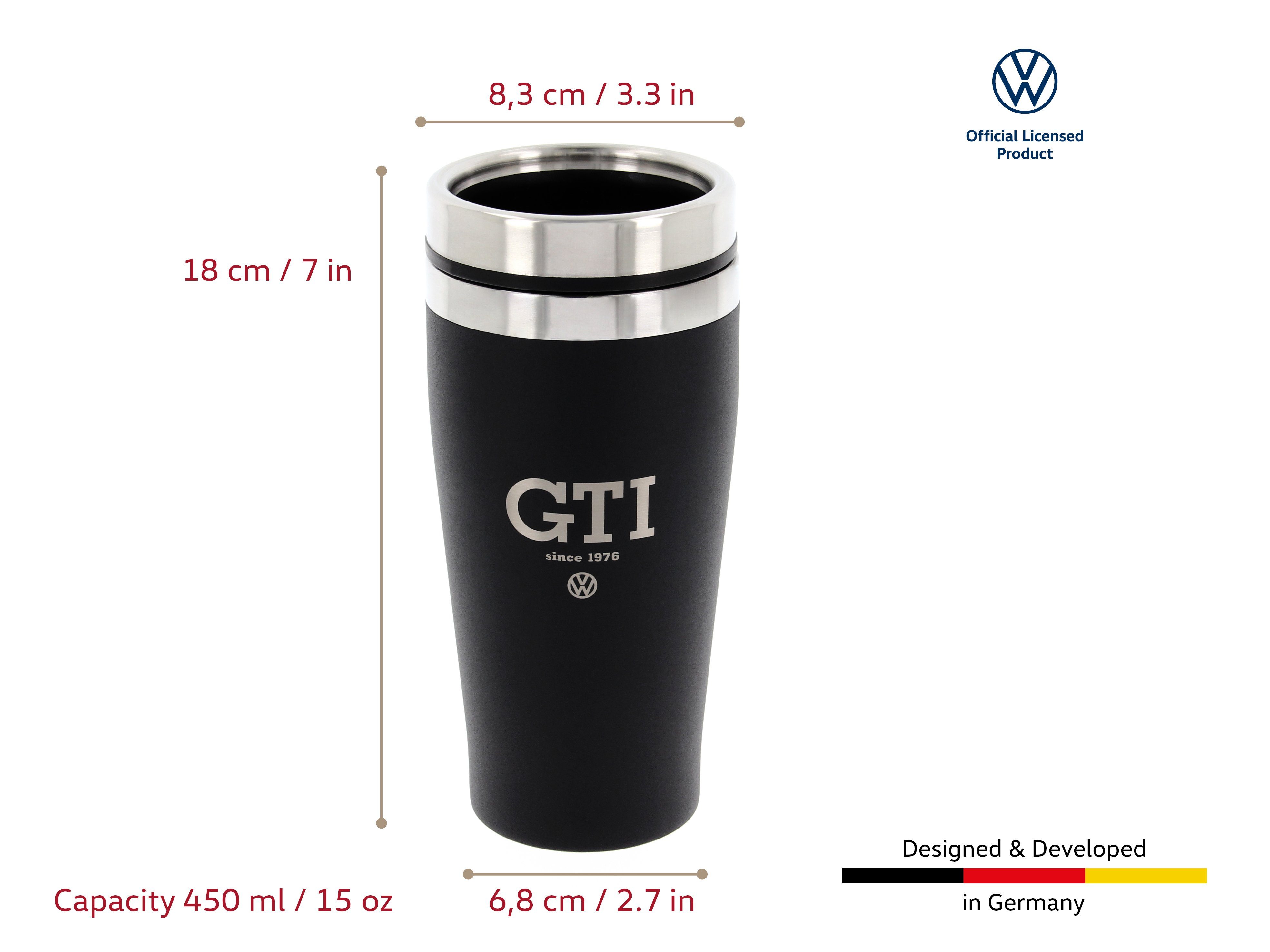 VW Collection by BRISA Coffee-to-go-Becher Volkswagen Isolierter-Edelstahl Thermobecher, Edelstahl, Stilvoller schwarzer Travel Mug mit GTI Logo, 450ml